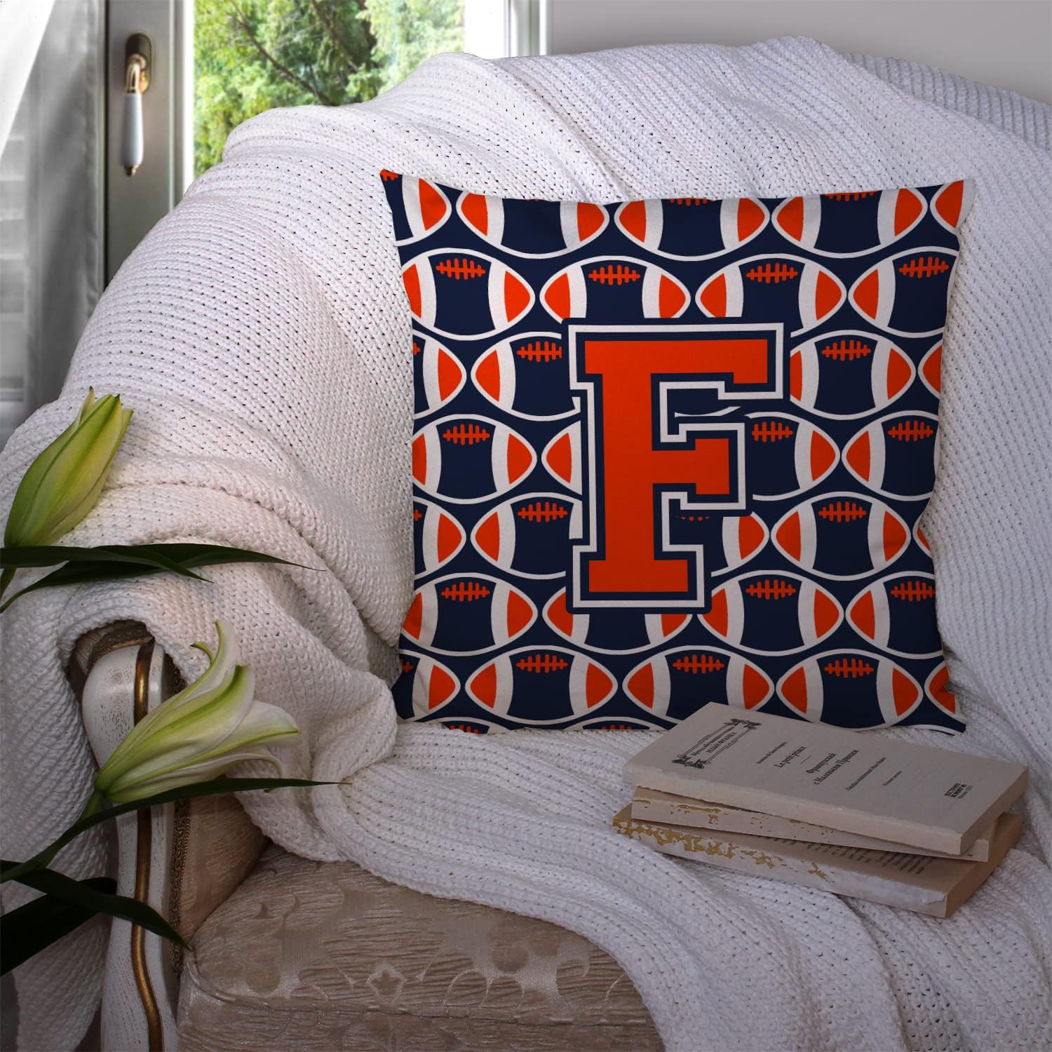 Caroline's Treasures CJ1066-FPW1414 Letter F Football Orange, Blue and White Fabric Decorative Pillow 100% Machine Washable Pillow, Indoor or Outdoor Decorative Throw Pillow for Couch, Bed or Patio