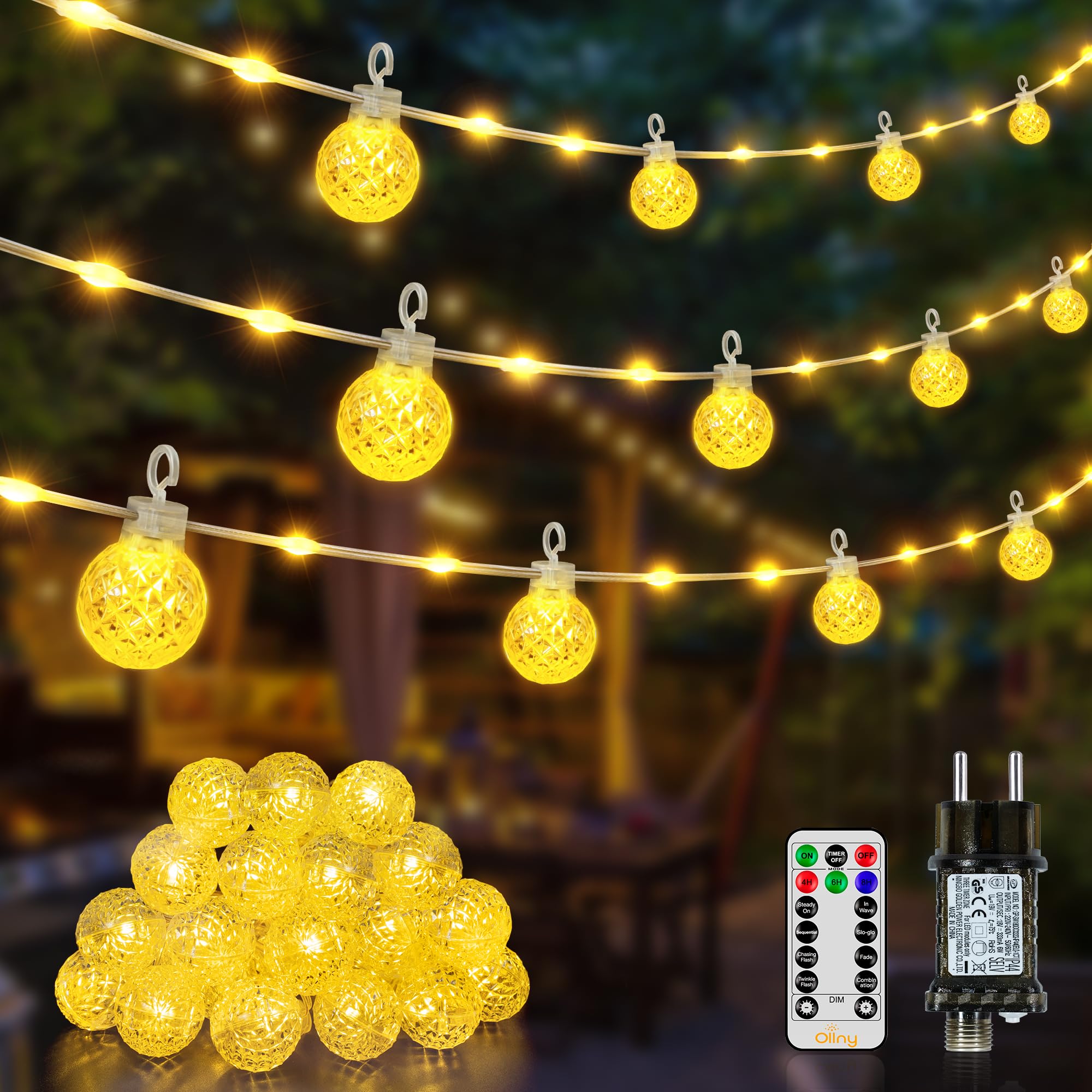 Ollny Led Lichterkette außen 20M, Lichterkette Strombetrieben mit Fernbedienung und Timer, 8 Modi wasserdicht Warmweiß Lichterkette für außen und innen Garten Hochzeit Balkon Party