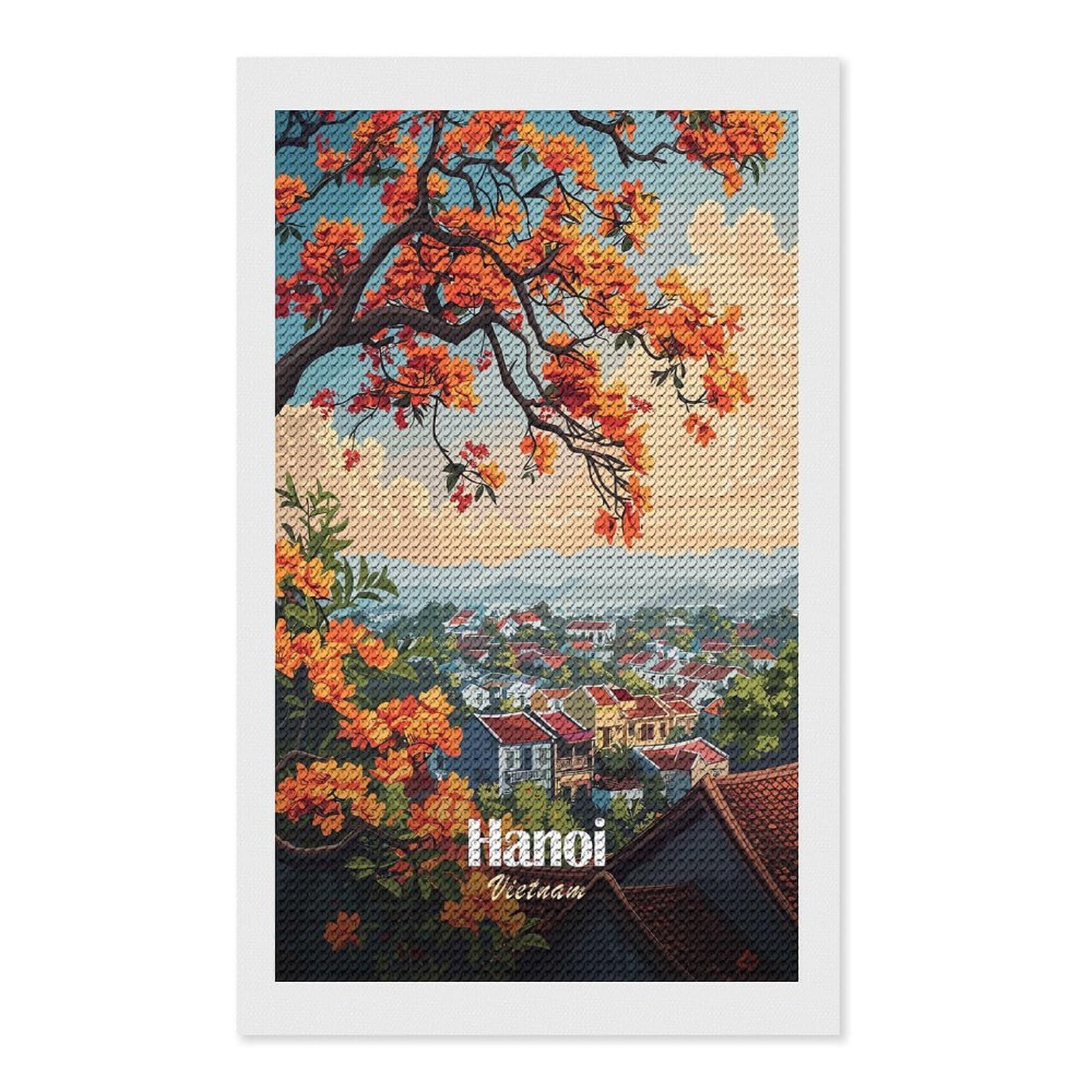 Junmoney Hanoi, Vietnam Cityscape with Orange Flowers Diamond Art Canvas 12"x20", Full Kit Included, Bedroom Decor, for Beginners, Thoughtful Handmade Gift
