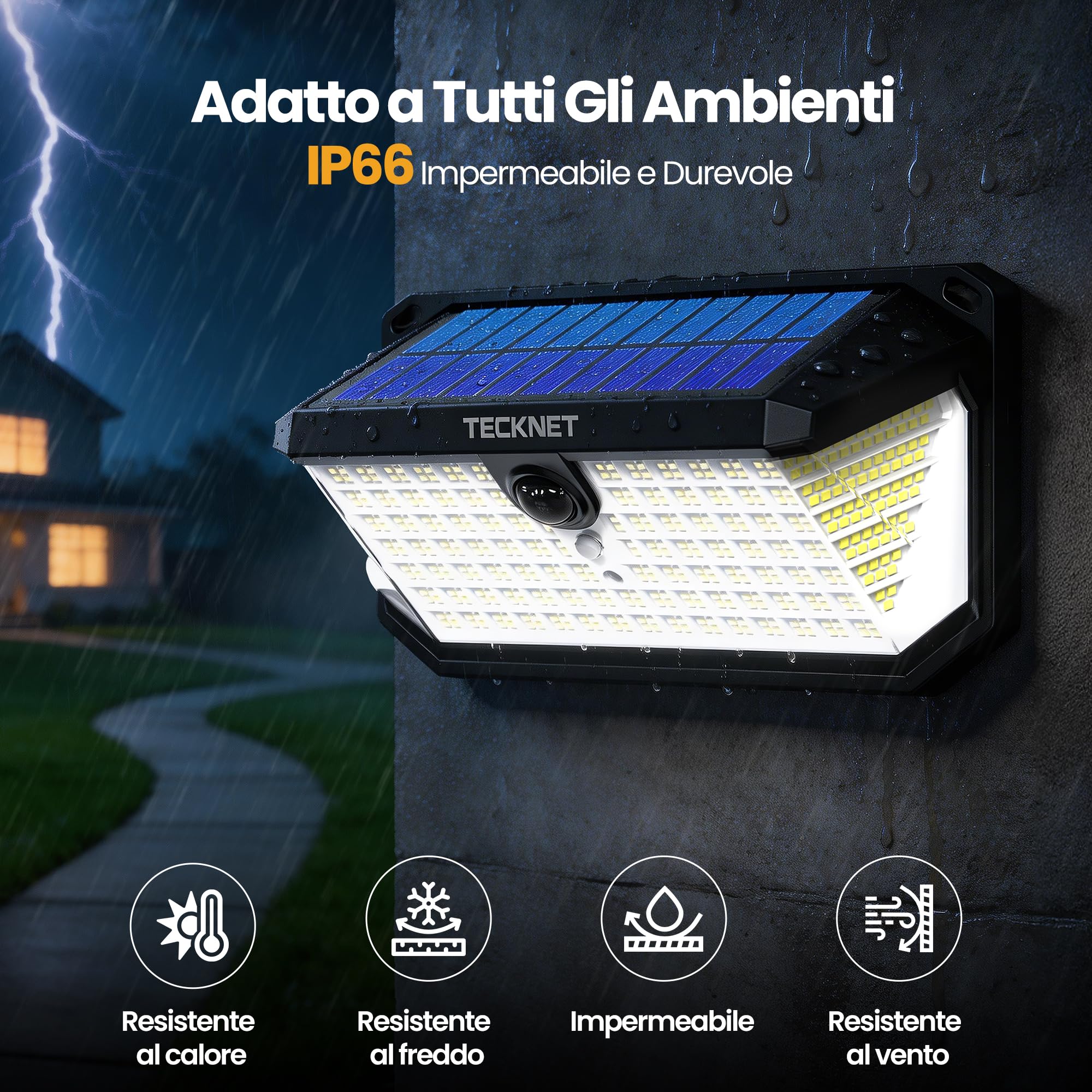 TECKNET Luce Solare LED Esterno, 546 LED, Illuminazione a 300°, IP66 | Faretto LED da Esterno Solare con Telecomando, Gancio per Lampada Solare da Esterno, per Giardini, Garage, Terrazze