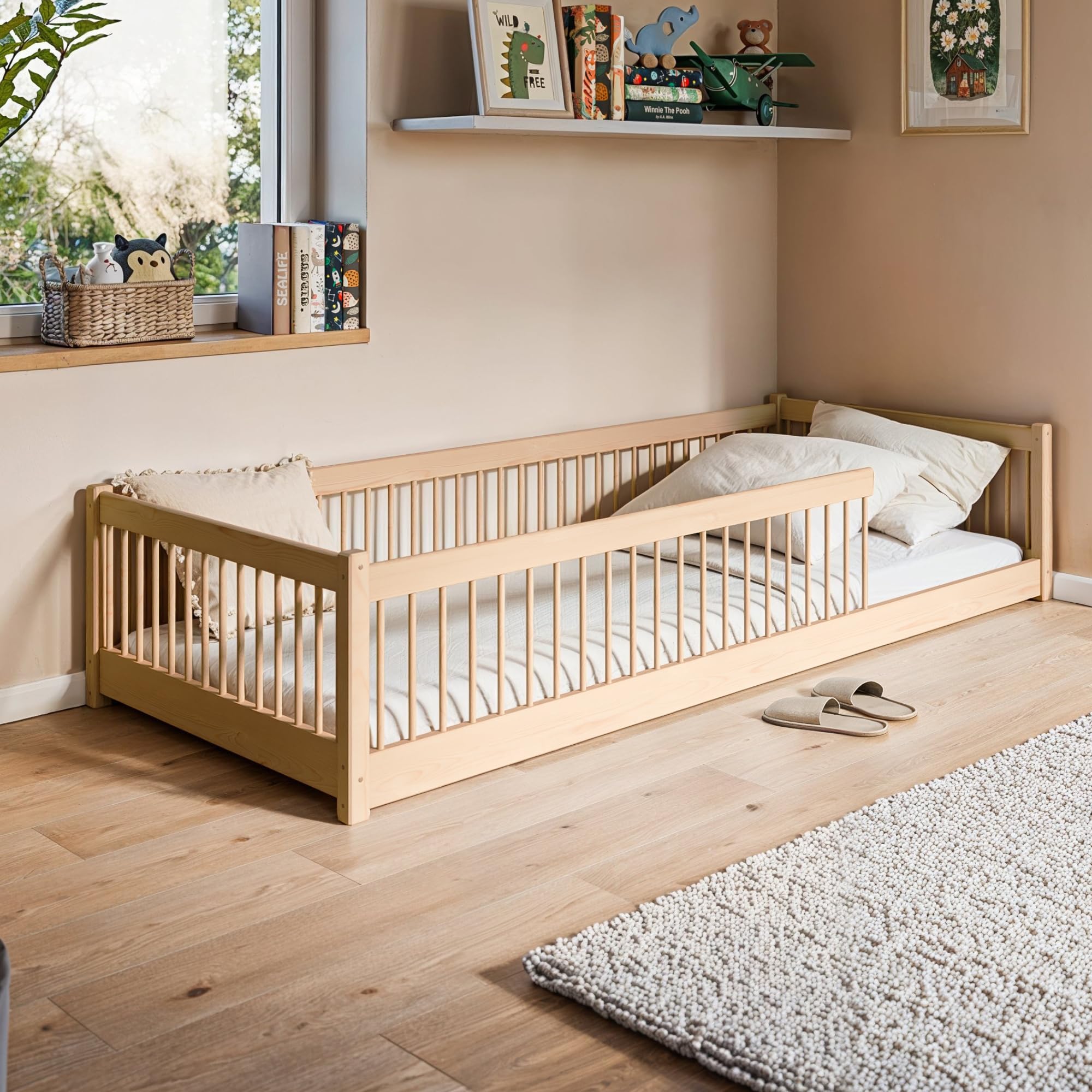 Letto a terra per bambini 90x190 cm con protezione anticaduta e rete a doghe Letto Montessori Letto a sponde Letto per bambini e ragazzi Letto singolo | Cioccolato fondente | dai 3 ai 12 anni