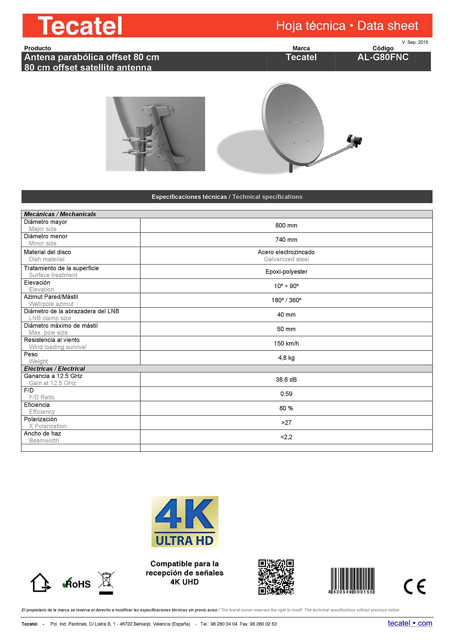 Tecatel K80C1LSCC - Kit parabólica de 80 cm (Soporte, LNB Universal, Cable y Conectores), Color Blanco