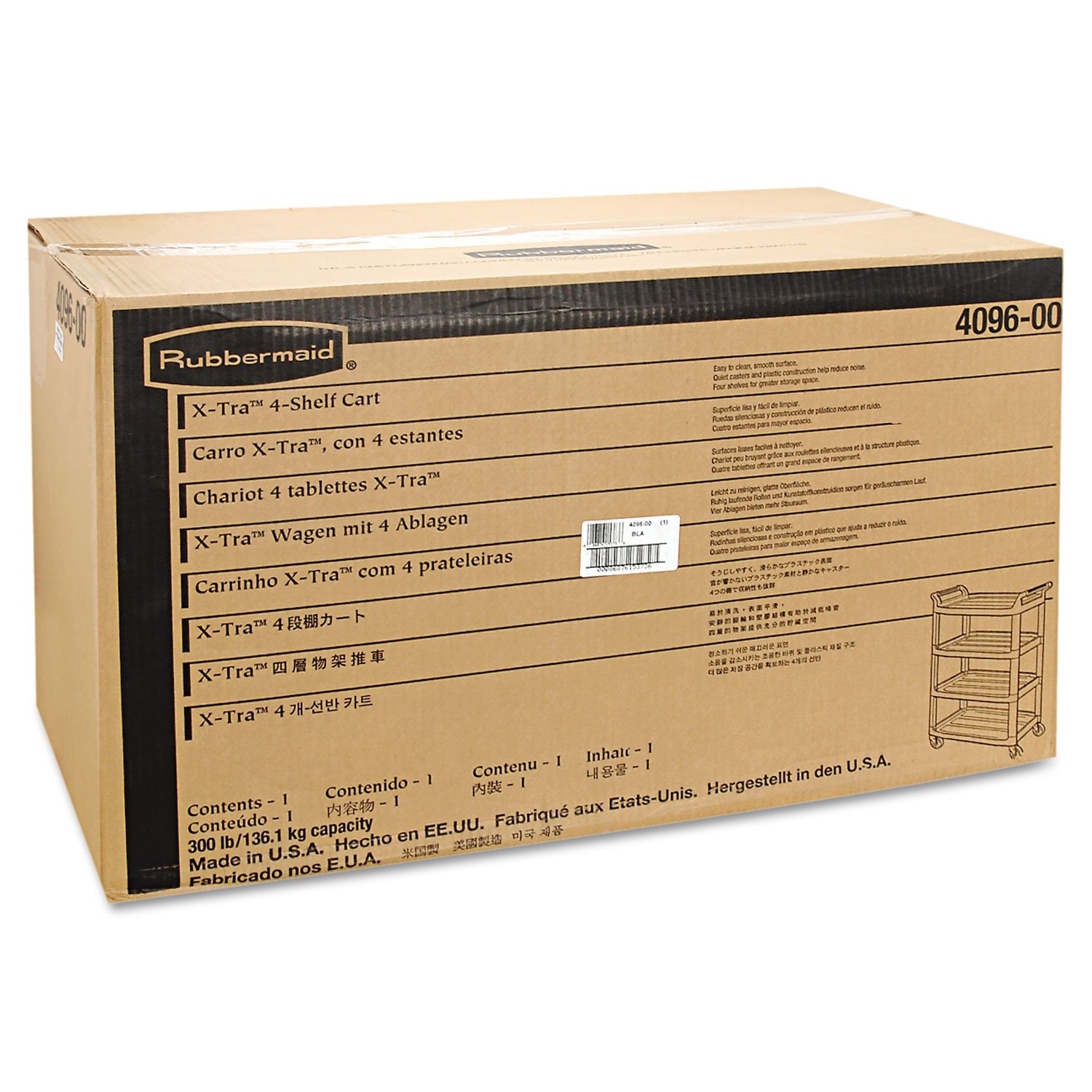 Rubbermaid Commercial Products Xtra 4096 - Carro de servicio con 4 estantes, capacidad de 135 kg, negro