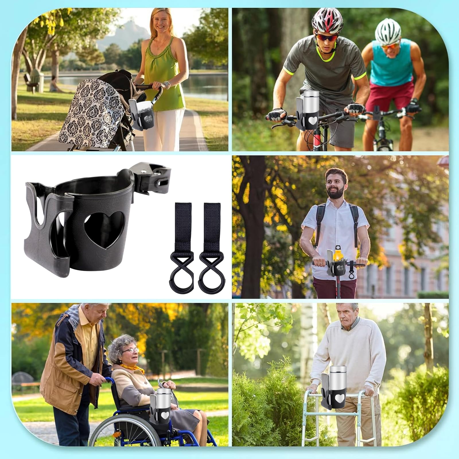 Set de portavasos universal, con portavasos en forma de corazón y 2 correas con ganchos, caja de almacenamiento para teléfono, desmontable y portátil, para botellas de agua, bicicletas(negro)