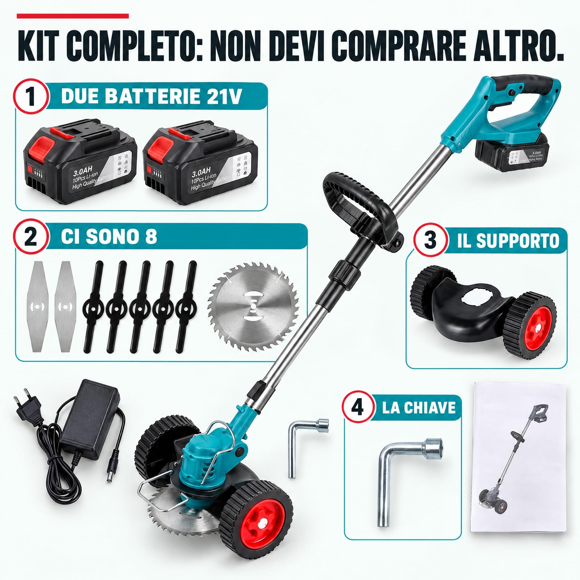 Decespugliatore a Batteria 21V con Ruote, 2 Batterie 4.0Ah Incluse