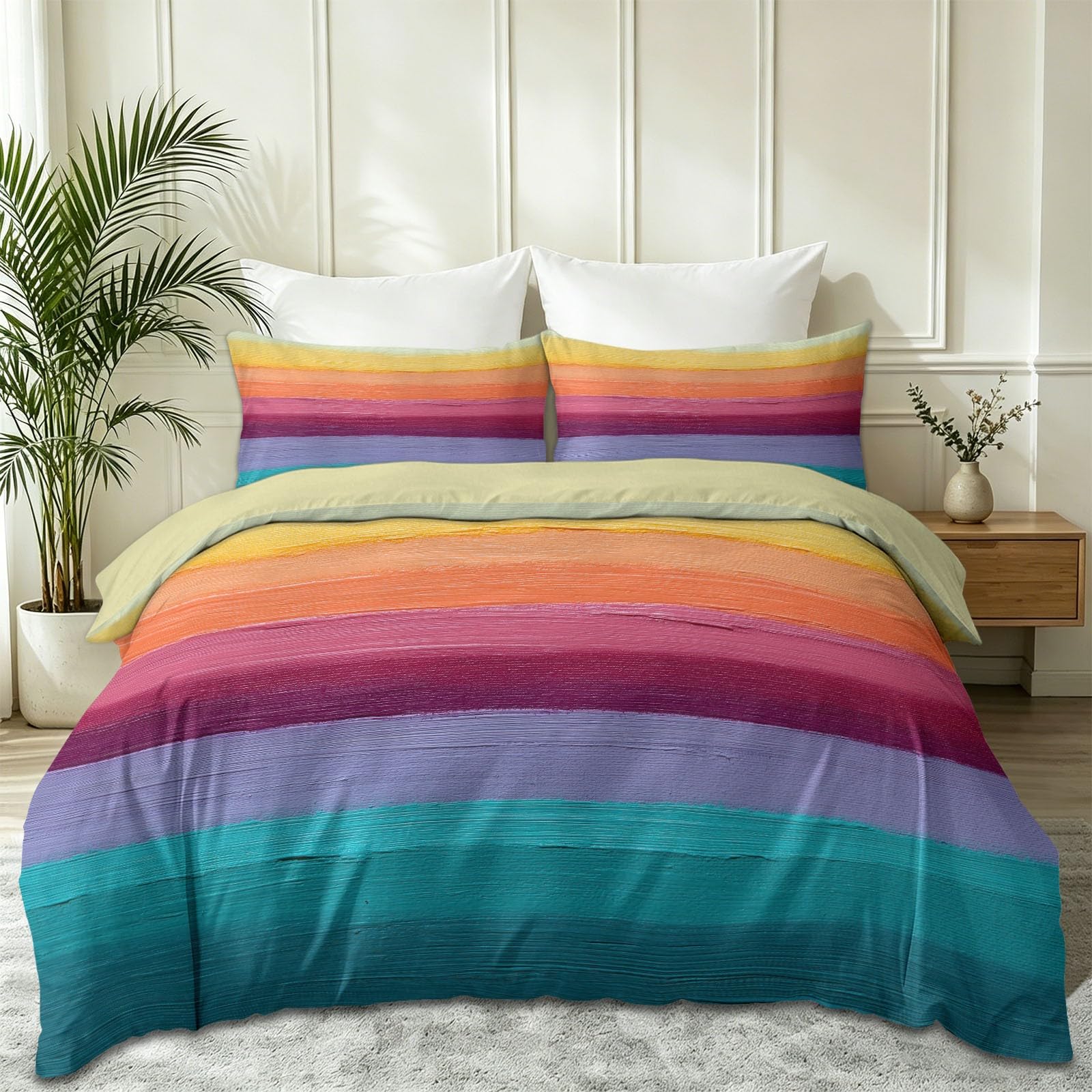 Biancheria da letto a righe orizzontali, colore ciano, moderno, minimalista, in morbida microfibra, 155 x 220 cm, con 2 federe da 80 x 80 cm, per bambini, ragazze e ragazzi
