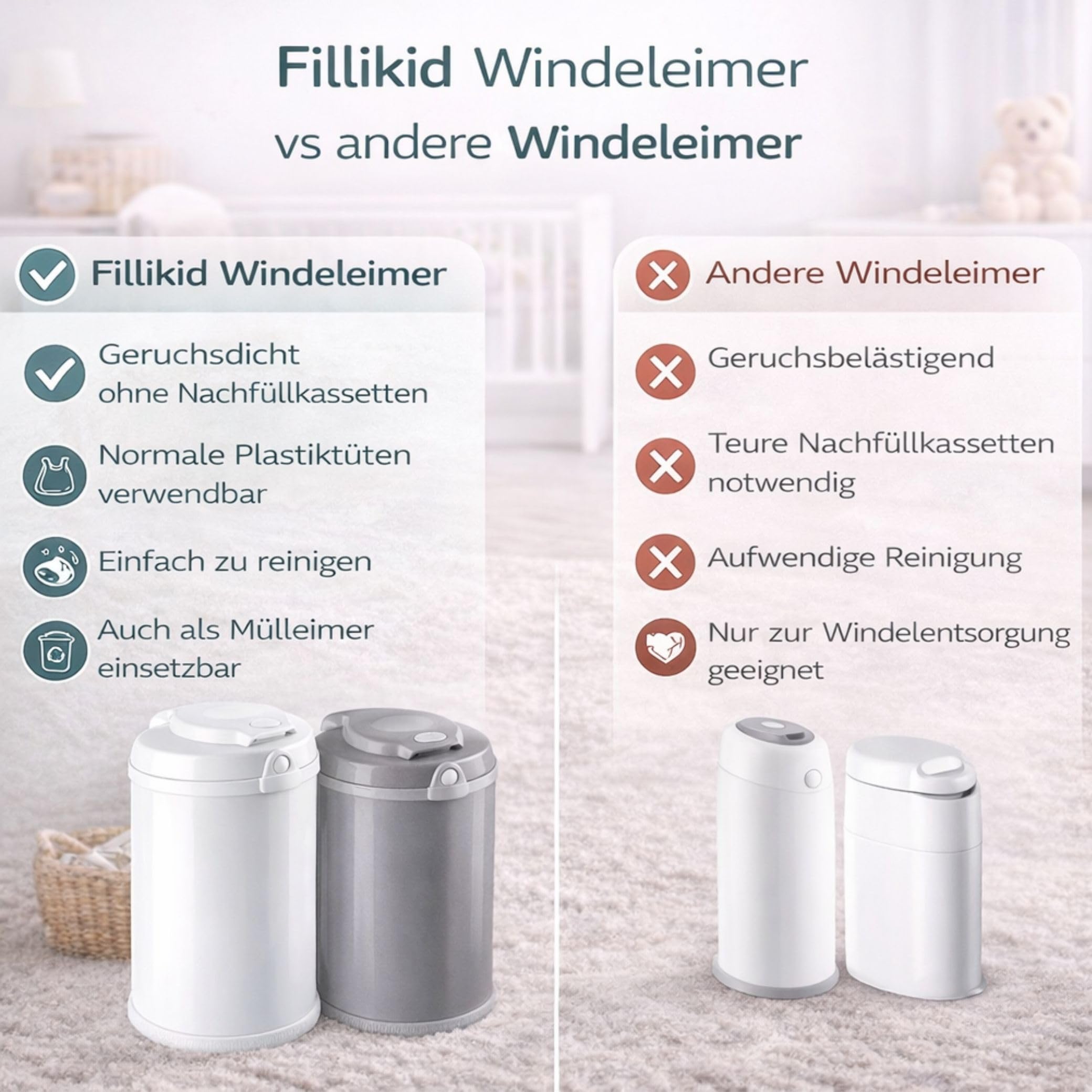 Fillikid Windeleimer Exklusiv 30 L Metall geruchlos für normale Müllbeutel