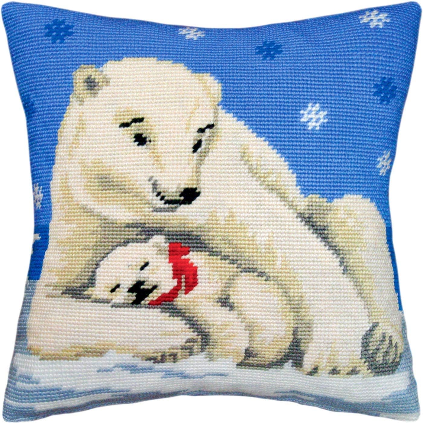 Brvsk Seasonal Embroidery Kit for Adults and Beginners — Polar Bears 16″ × 16″ with Clear, Precise Printed Design on Cotton Canvas; Includes 2 Needles, Yarn, and Easy-Read Chart