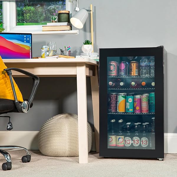 Mini Fridge 93 Litre Undercounter Freestanding Beverage/Drinks Wine Fridge for Beer in Black, LED Light, Drinks & Snacks Glass Door, 3 Adjustable Shelves, Energy Efficient, K48BC101B - 4