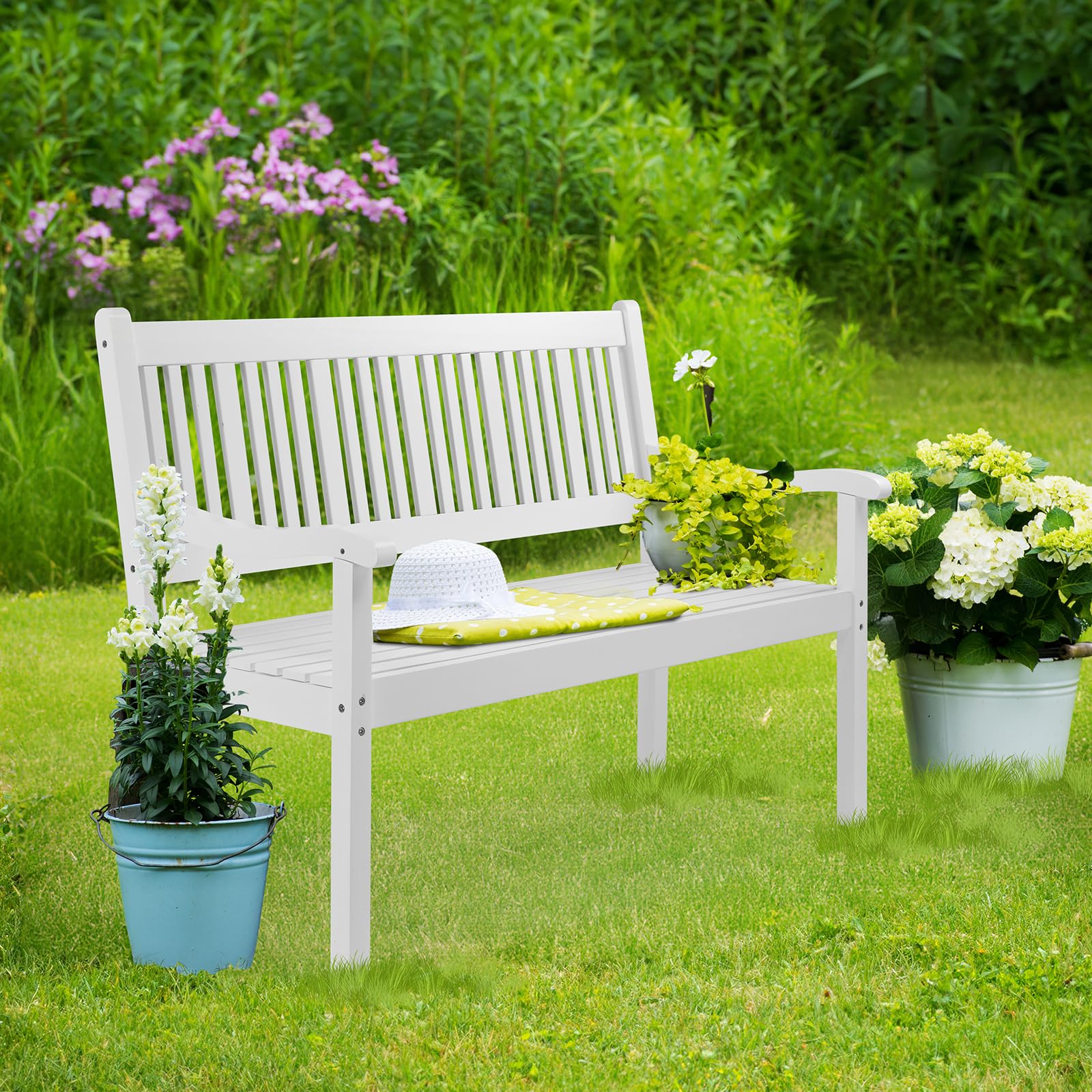 Bonnlo Banco de Jardín de Madera para 2-3 Personas, Wood Outdoor Bench 127 x 63 x 91 cm, Banco Exterior Resistente a la Intemperie, hasta 363 kg, para Patio Terraza Porche Parque (Blanco)