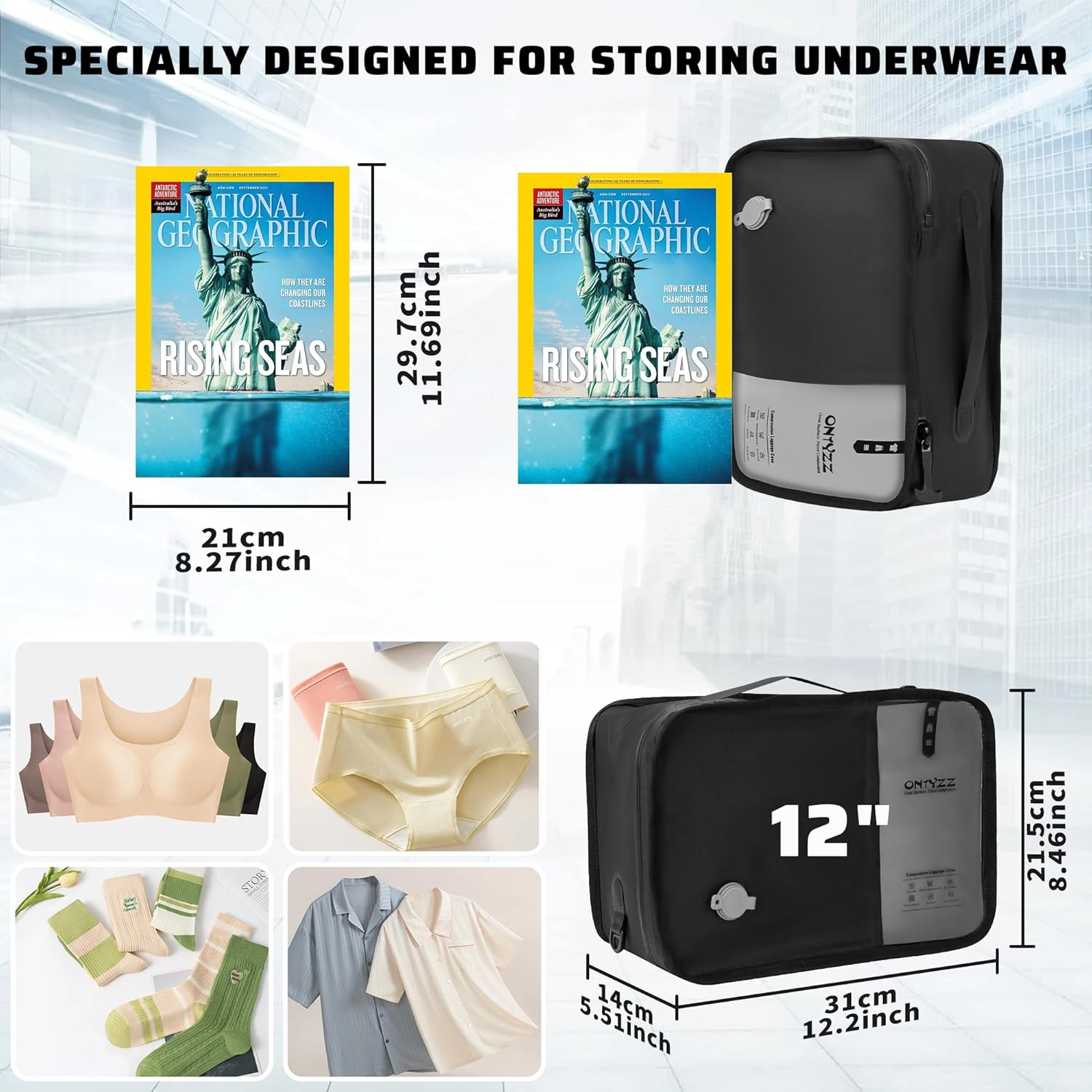 ONTYZZ Travel Vacuum Compression Bags 12 inch Space Saver Bags Vacuum Travel Case with IP67 Waterproof Zipper for Socks, Underwear, Two Bag Black