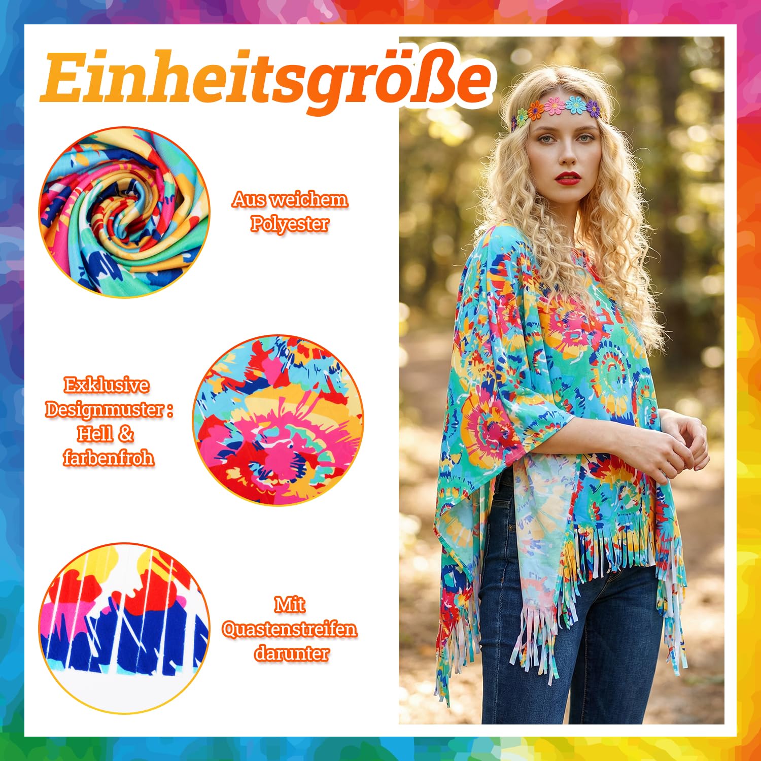 Alintor Hippie Kostüm Damen, 70er Jahre Outfit Damen, Flower Power Kleidung, Schlagermove Outfit, Faschingskostüme, Karneval