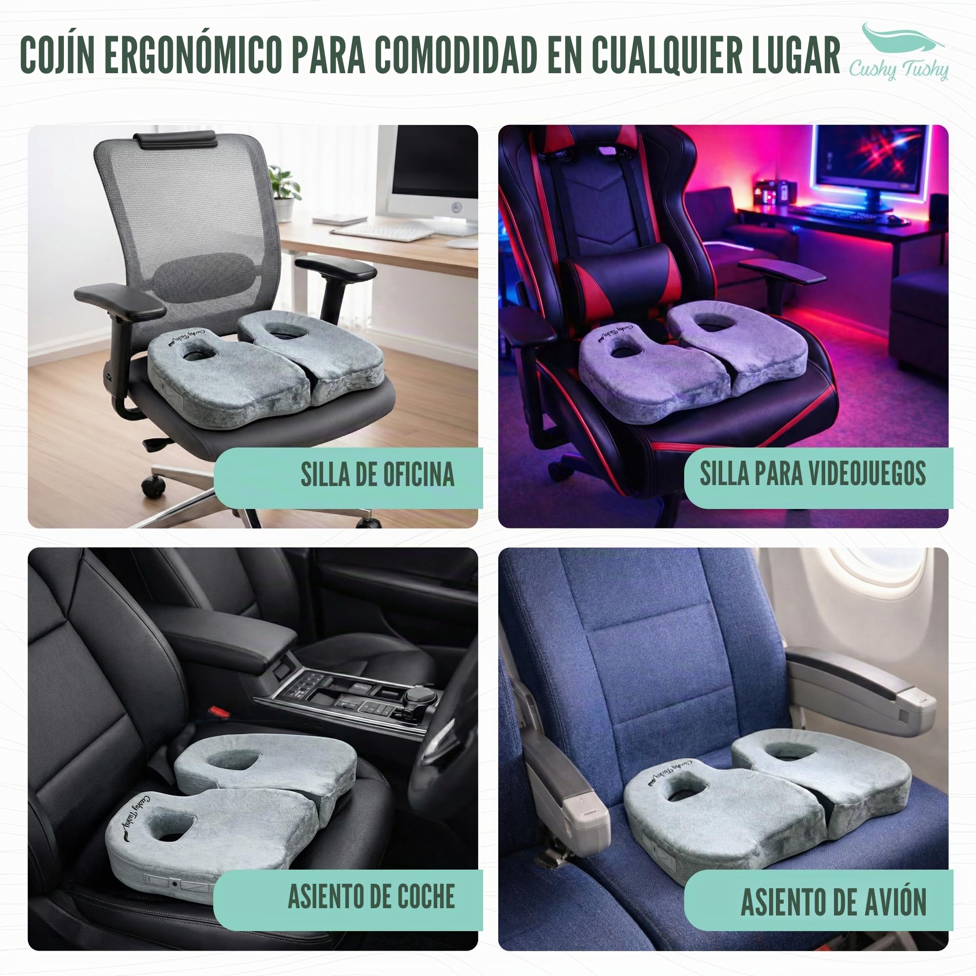 CushyTushy - Cojín piriformis plegable para aliviar el dolor de hueso de la cola para uso en el hogar, sillas de oficina y asientos de coche, cojín de síndrome piriformis