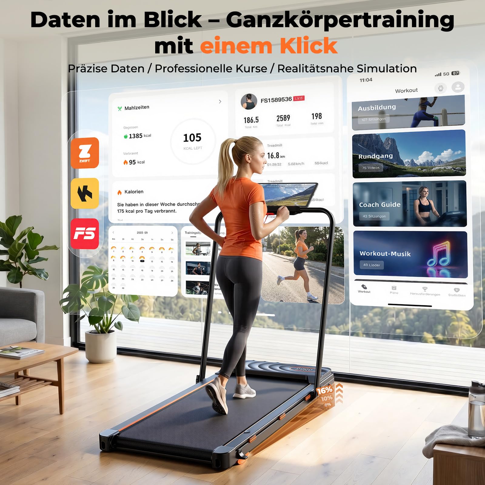 Walking Pad mit 16% automatischer Steigung, Laufband mit Steigung für Zuhause, 12 km/h, 2,5 PS Motor unter 40 dB, Walking Pad klappbar mit App & Bluetooth Lautsprecher, LED-Display, bis 136 kg