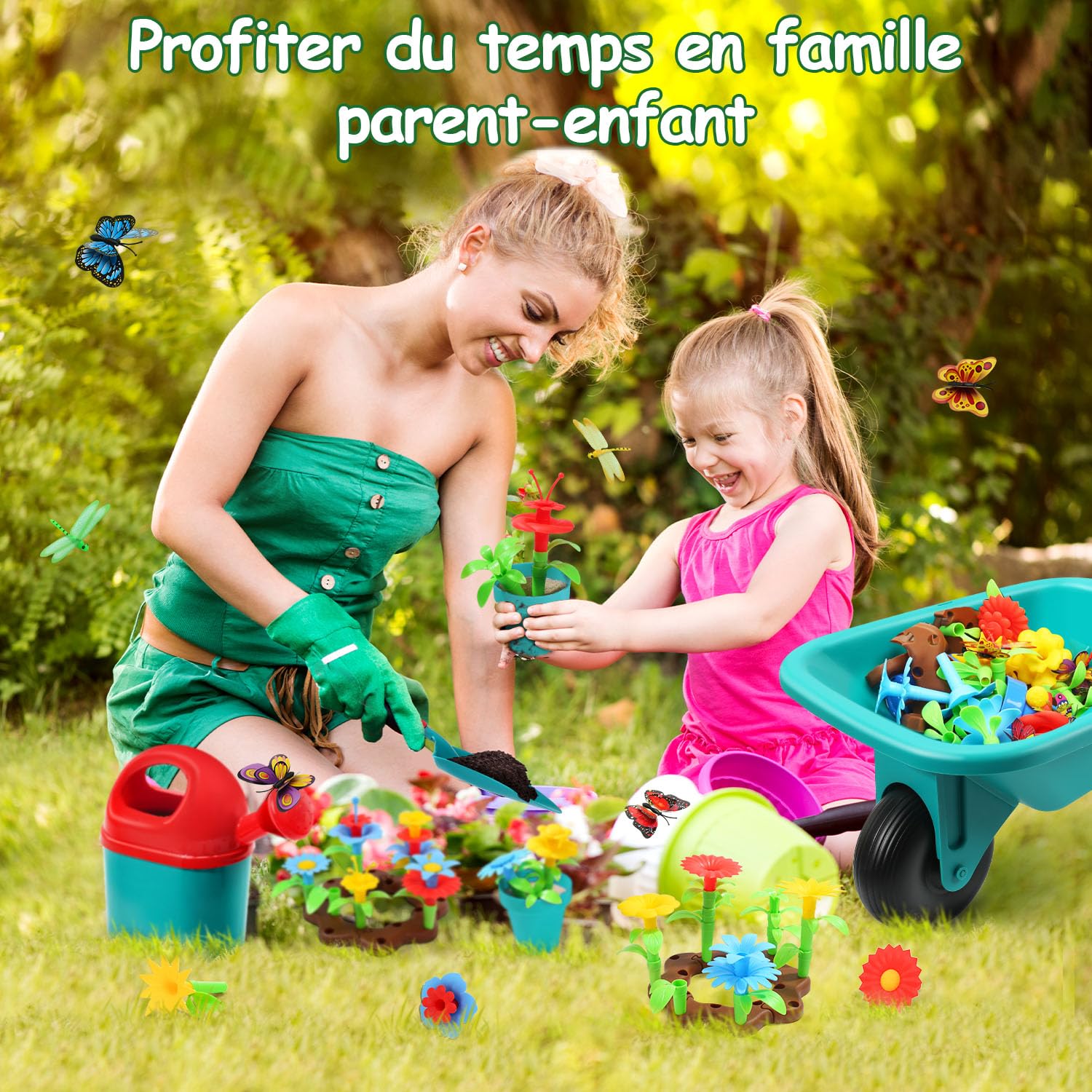 cute stone Ensemble d'outils de Jardinage pour Enfants, Jouets de Jardin avec brouette, arrosoir, Pelle, Jouet de Construction de Jardin de Fleurs, Jeu de Simulation pour l'extérieur et l'intérieur