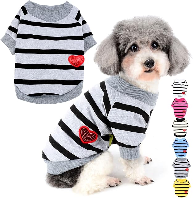 Zunea Dog Shirts for Small Dogs Summer Basic T-Shirt Striped Puppy Clothes Sequins Love Heart Sweatshirt Soft Cotton Short Sleeve Tee Shirt Pet Girl Boy Clothing Pullover Chihuahua Apparel Gray XS
