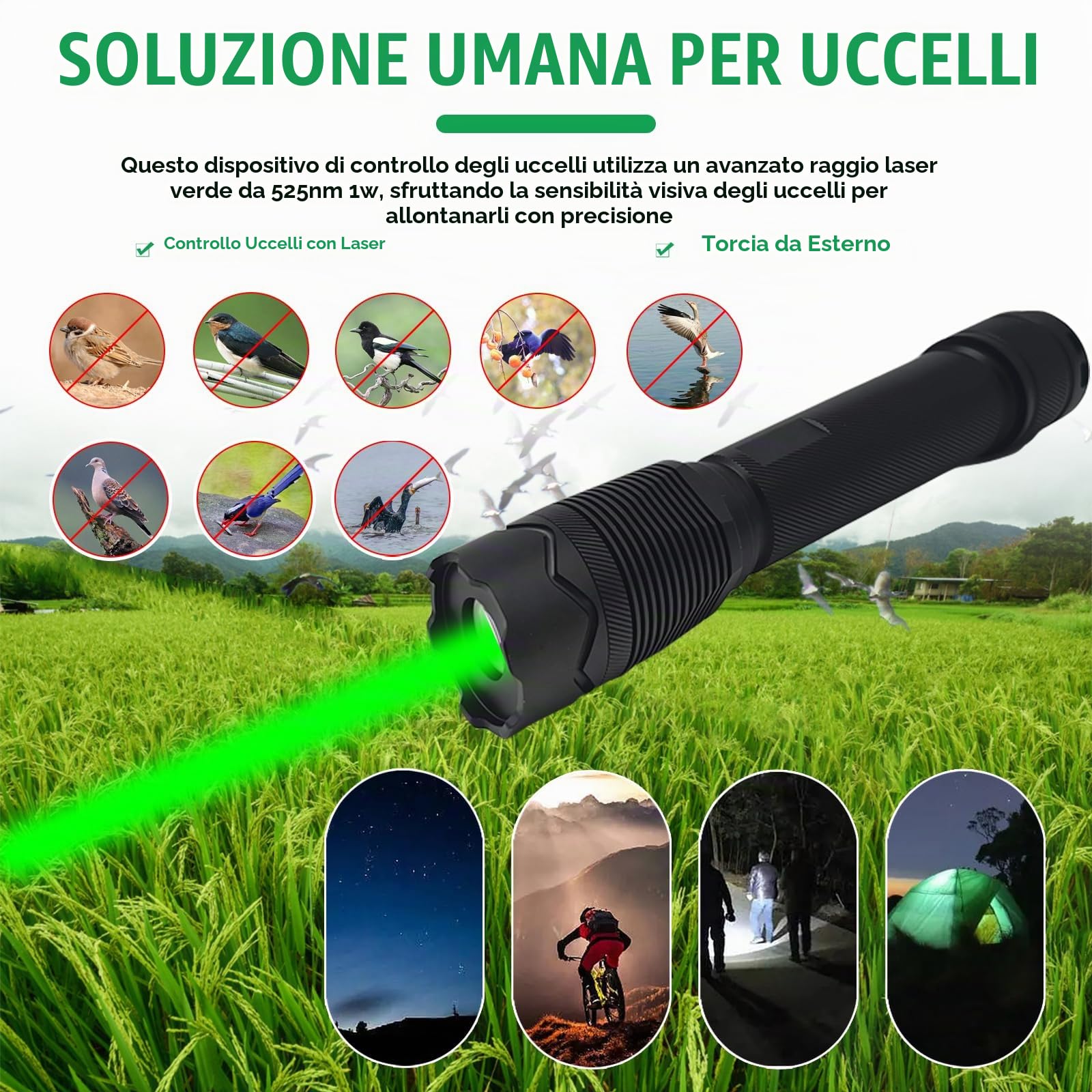 Dissuasore Laser per Uccelli da Esterno, Portatile Deterrente per Piccioni e Uccelli, Ricaricabile Dispositivi Anti-Uccelli, IP65 Impermeabili, 6 modalità Laser