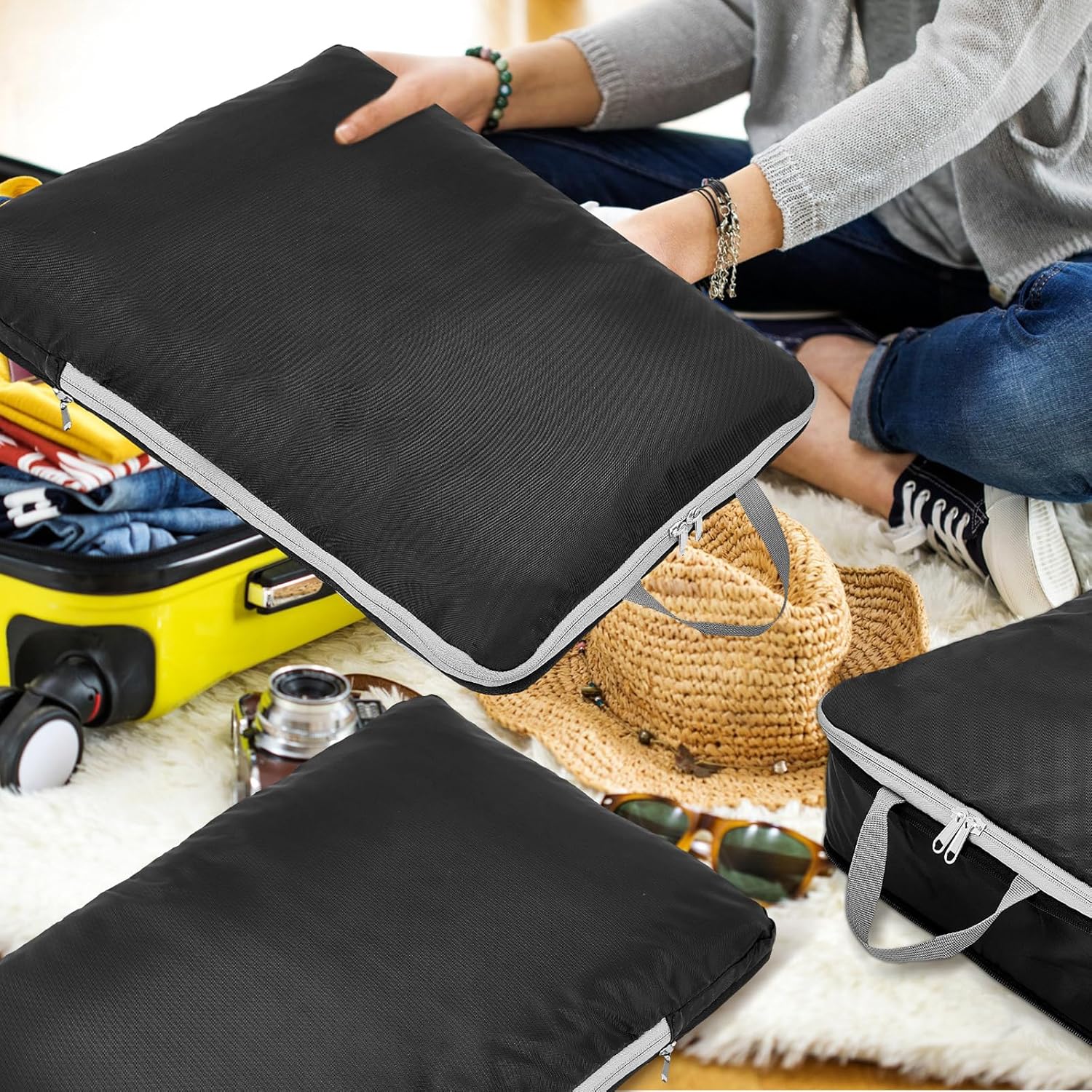 Hosuly 6 Pcs Compression Packing Cubes for Travel XL Expandable Luggage Organizers for Save Space Family Long Trips(Black 01,17.3 x 12.6'') - Image 4