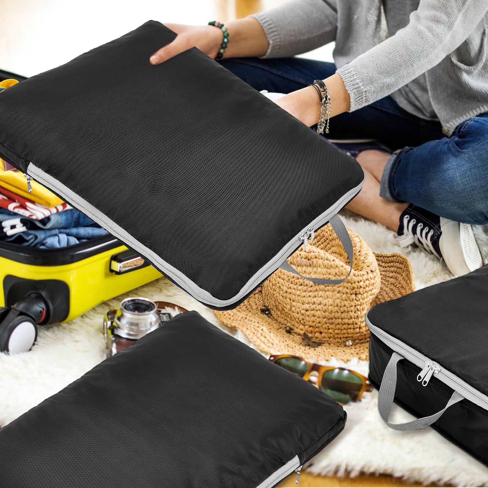 Hosuly 6 cubos de embalaje de compresión, accesorios de viaje, 17.3 x 12.6 pulgadas, organizadores de embalaje grandes expandibles para bolsas de viaje de compresión de equipaje (negro)