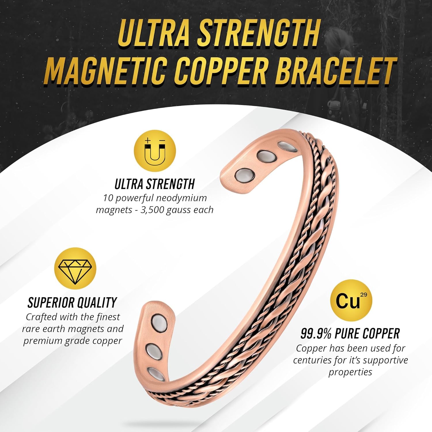 MagnetRX® Women's Copper Bracelet – Effective 99.9% Pure Copper Magnetic Bracelets for Women – Adjustable Womens Copper Cuff Bracelet Bangle (Inlay Wire) - Image 3