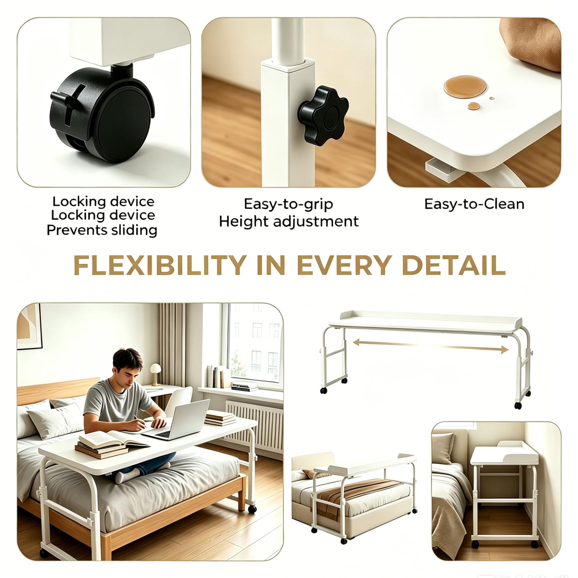 Mesa sobre Cama Regulable Altura Ruedas Portátil Ordenador | Ruedas con Bloqueo, Tope Anticaída, Superficie de Madera y Estructura Metálica; Perfecta para Trabajar o Comer en la Cama