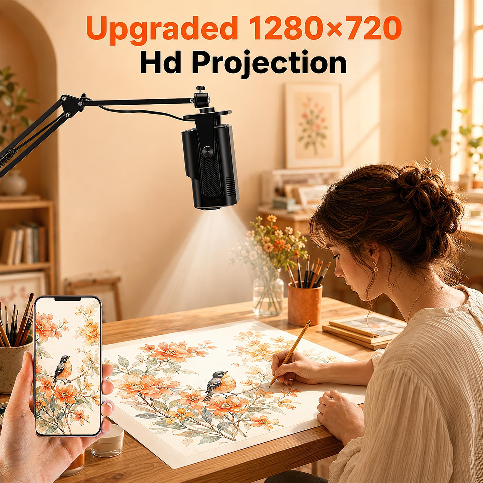 Zeichenprojektor 720P HD mit Fernbedienung, Zeichnen Projektor für Künstler, Tragbarer Skizzenprojektor mit WLAN & Auto Trapezkorrektur, Projektionsfläche einstellbar, für Malerei Kalligraphie