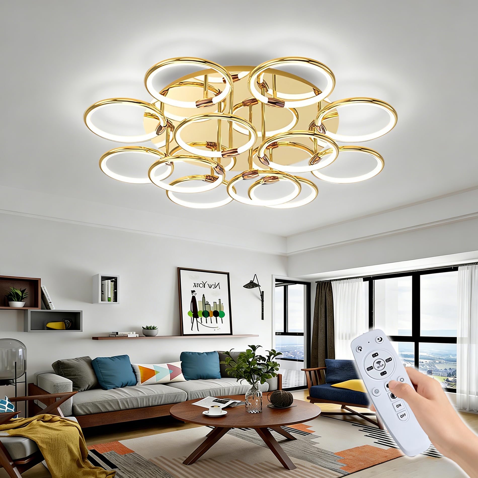 LED Deckenleuchte Modern Vergoldet Groß 12-Ring 125W Deckenbeleuchtung Dimmbare Deckenlampe mit Augenschutz Flackerfrei für Wohnzimmer Schlafzimmer (Vergoldet, 12-Ring)