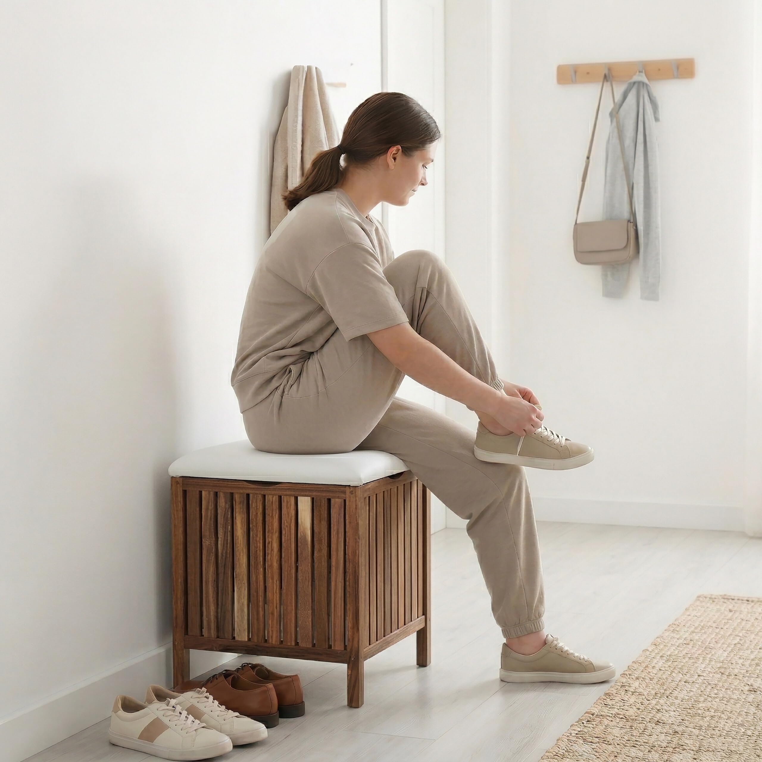 Relaxdays cesto portabiancheria con seduta, marrone e bianco