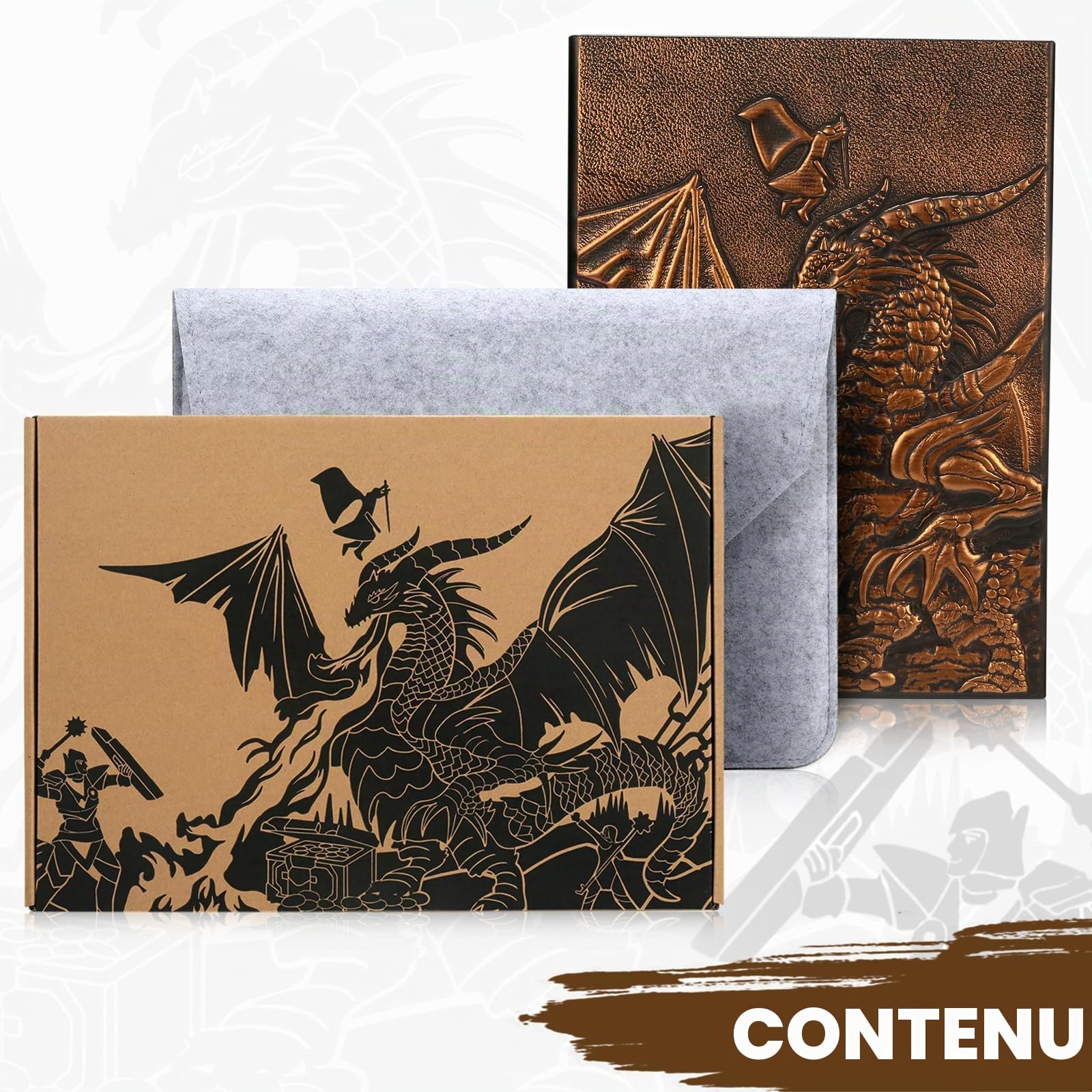 DNDND DM Screen 3D Dragons embossés en similicuir avec 4 poches à 4 panneaux, écran DND Master avec superbe étui cadeau à rabat pour D&D Donjons et Dragon (Cuivre)