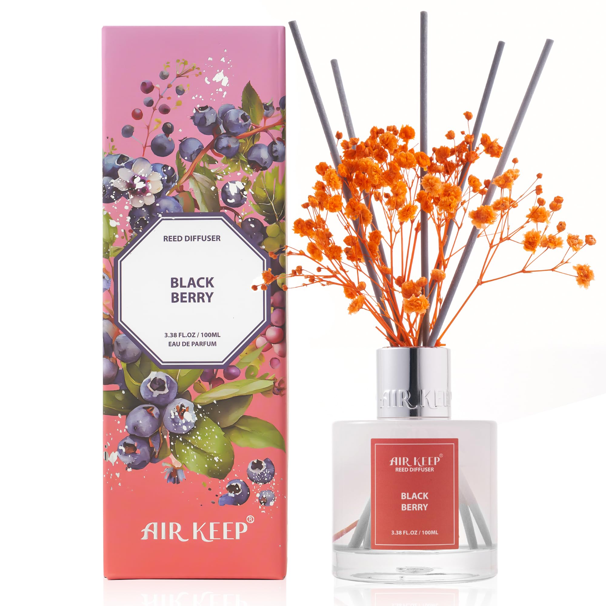 Airkeep Raumduft Black Berry Duft, Reed Diffuser mit 8 Duftstäbchen, Lufterfrischer für Badezimmer, Wohnung, Heimdekoration, 100ml