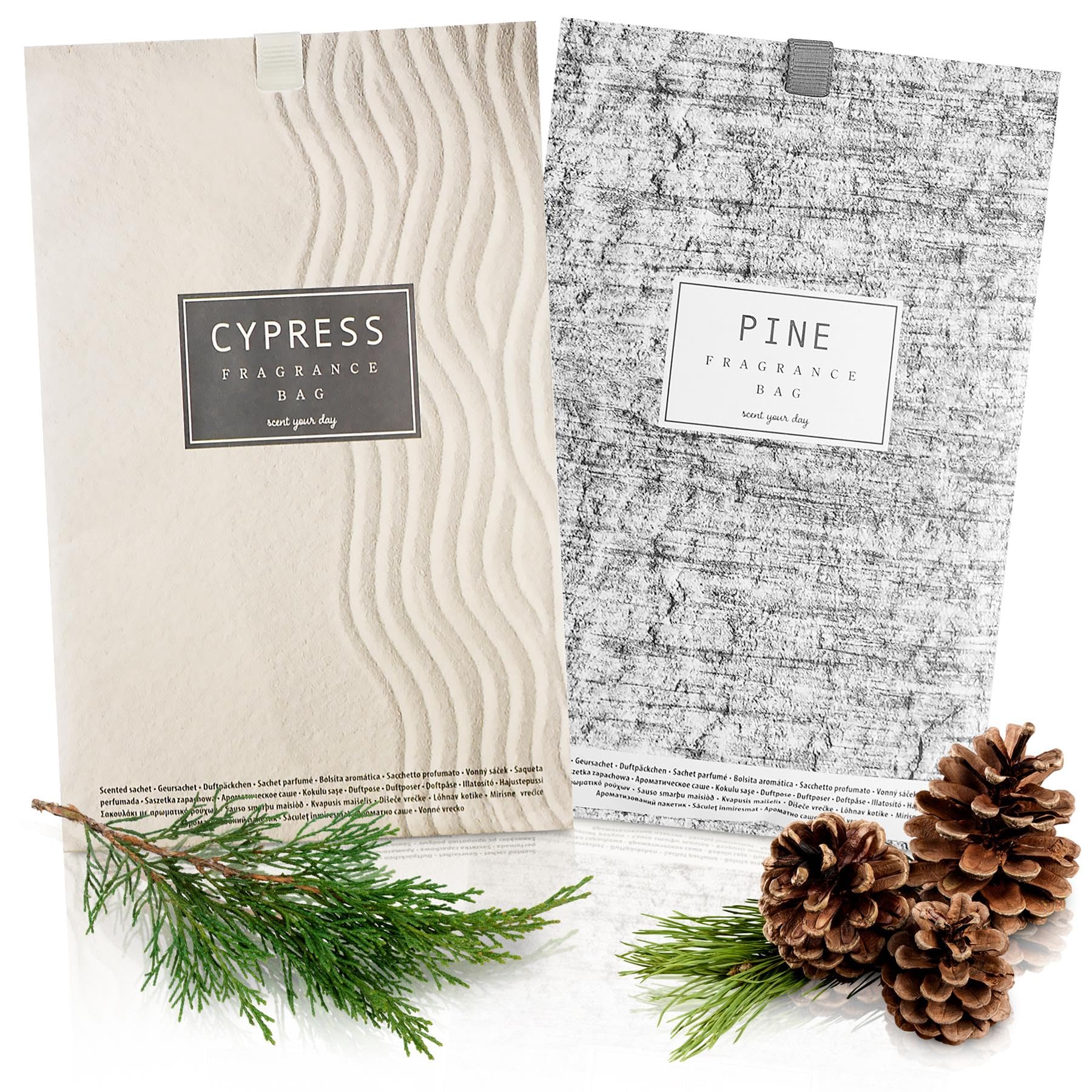 GEEZY Scented Sachets for Wardrobes and Drawers, 6 Each Pine and Cypress Fragrances - Also for Bedroom Bathroom Cupboard Car Suitcase - Long Lasting Wardrobe Fresheners Hanging Scent Bags (Set of 12)