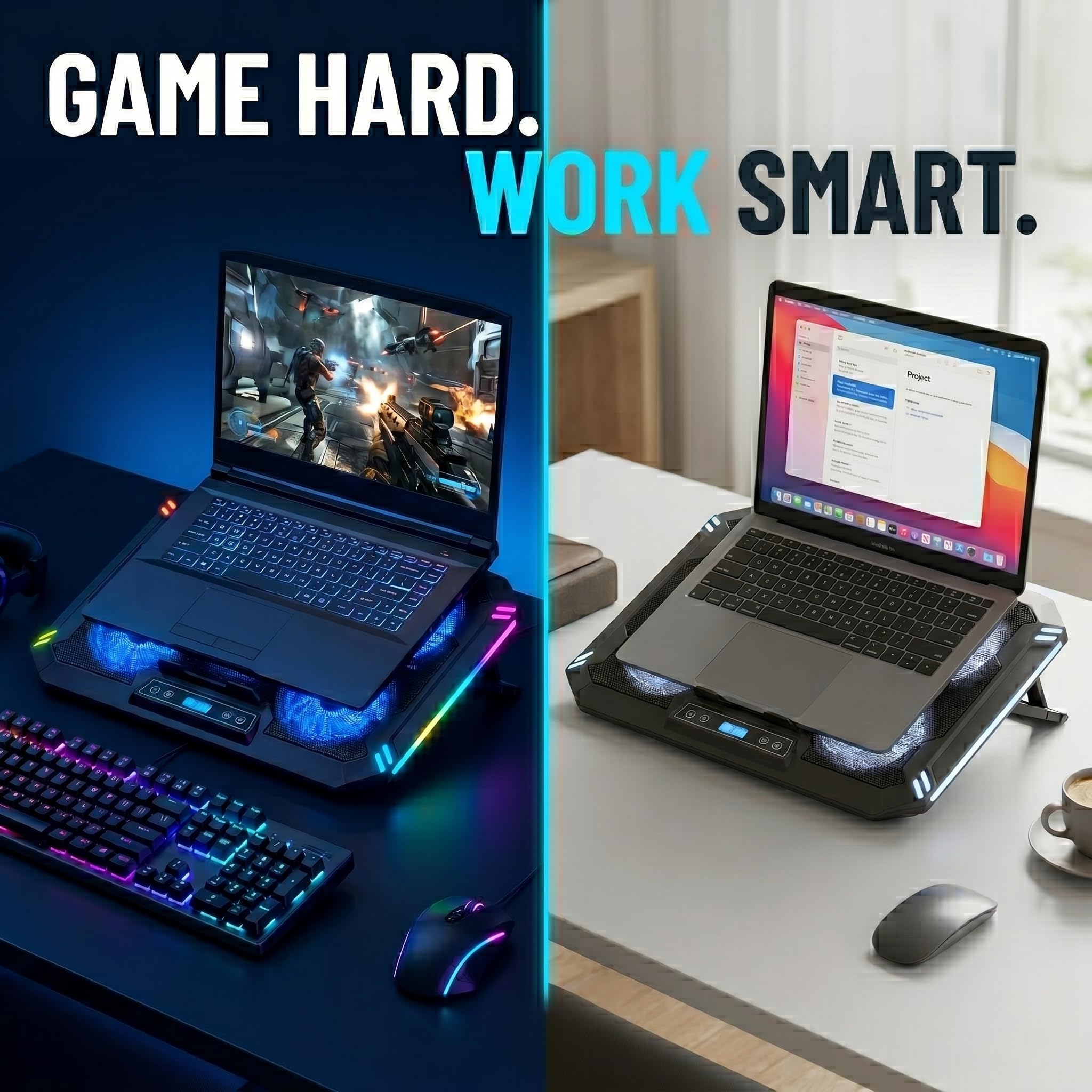 AFI Electronics Laptop Cooling Pad, 5 Leise Lüfter Gaming Laptop Kühler für 11-17 Zoll, RGB LED, LCD Display, 6 Lüftergeschwindigkeiten, 8-Höhenverstellbarer Ständer, Dual USB-Anschlüsse, Notebook