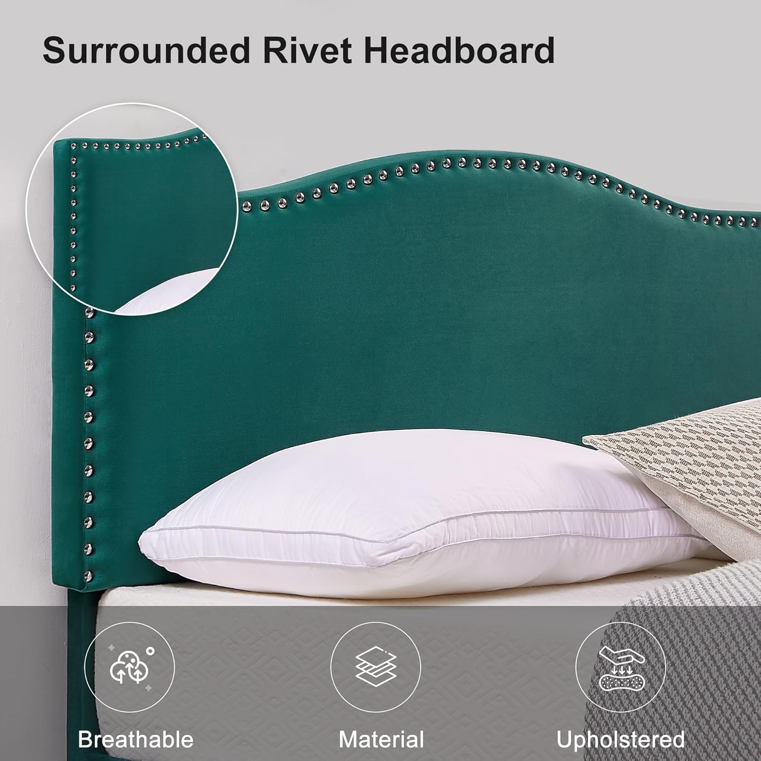 VECELO Queen Bed Frame, Platform Bed Frame with Adjustable Height Upholstered Headboard, Heavy-Duty Frames and Strong Wooden Slats Support, Non-Slip and Noise-Free, Easy Assembly, Dark Green - Image 6