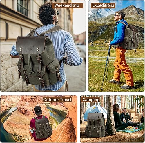 Miniatura 8 de Wogarl Mochila de lona de cuero vintage, Verde oscuro, Ocio