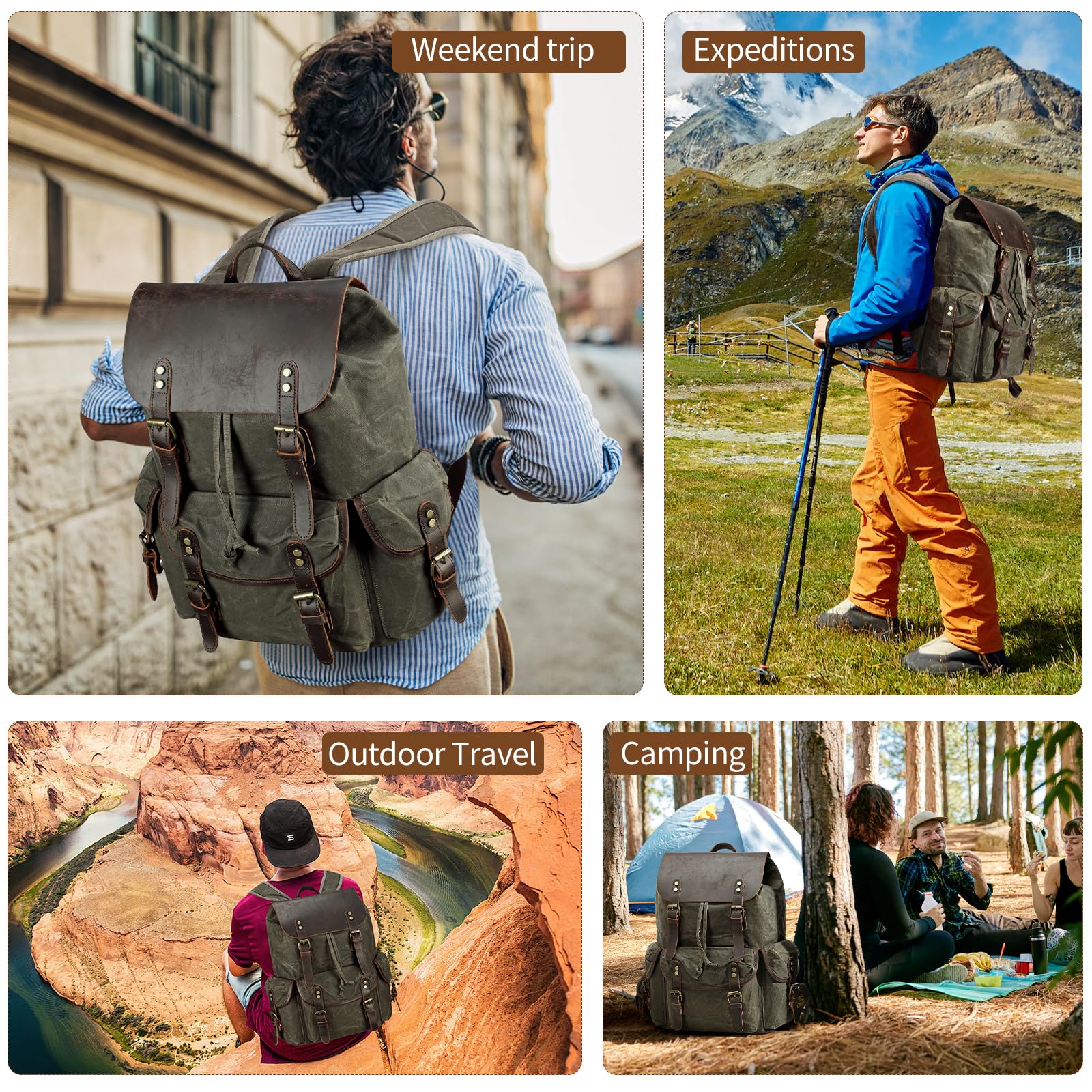 Wogarl Zaino vintage in pelle e tela, zaino a tracolla in tela cerata con articoli da toeletta per viaggi, campeggio, escursionismo, università d'affari, adatto per laptop da 17", verde, Verde
