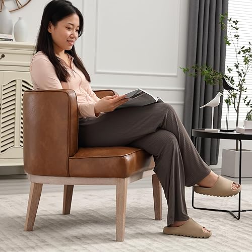 Miniatura 10 de Silla Accent Barrel, silla decorativa de lino, tapizada, moderna, individual, para sofá, con patas de madera, cómoda silla de club para dormitorio,