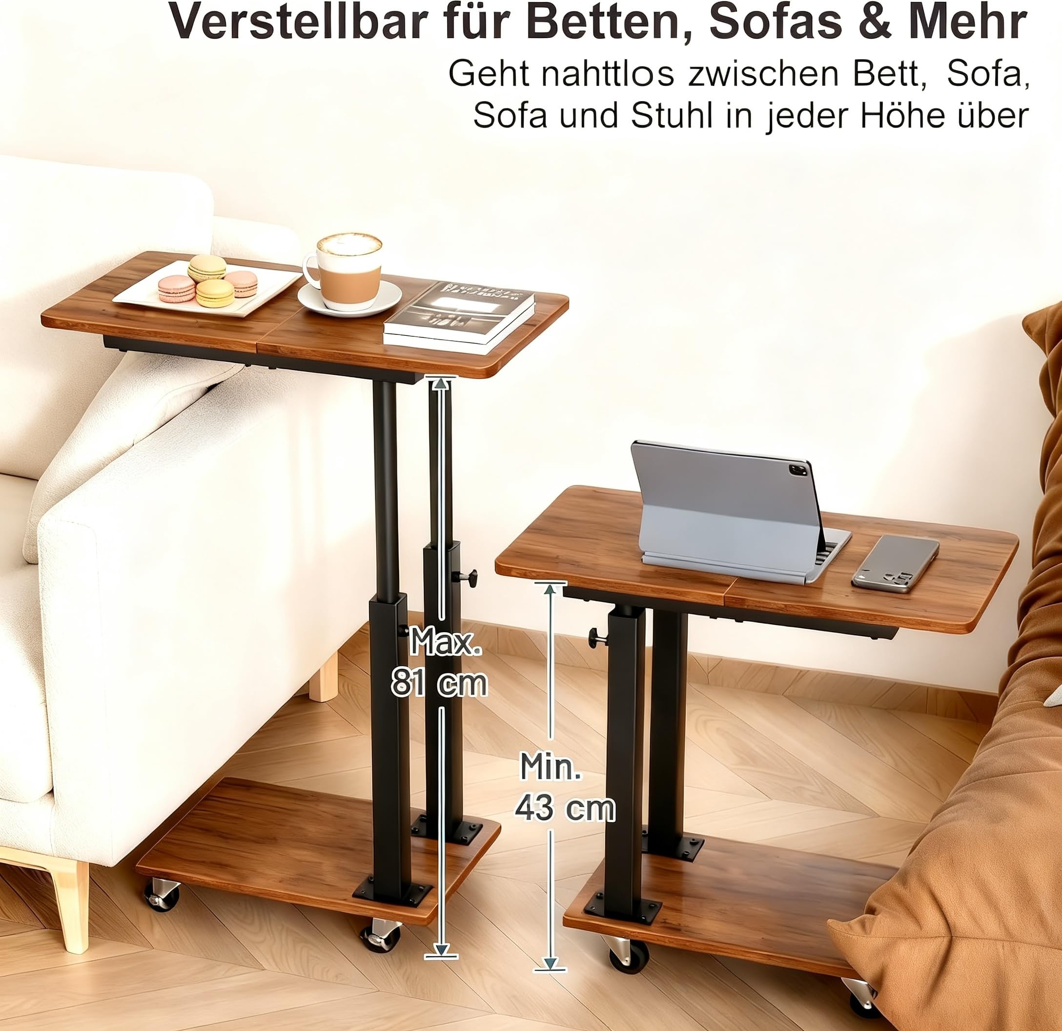 MISSLO Beistelltisch Couch Höhenverstellbar mit Rollen, Couchtisch C Form