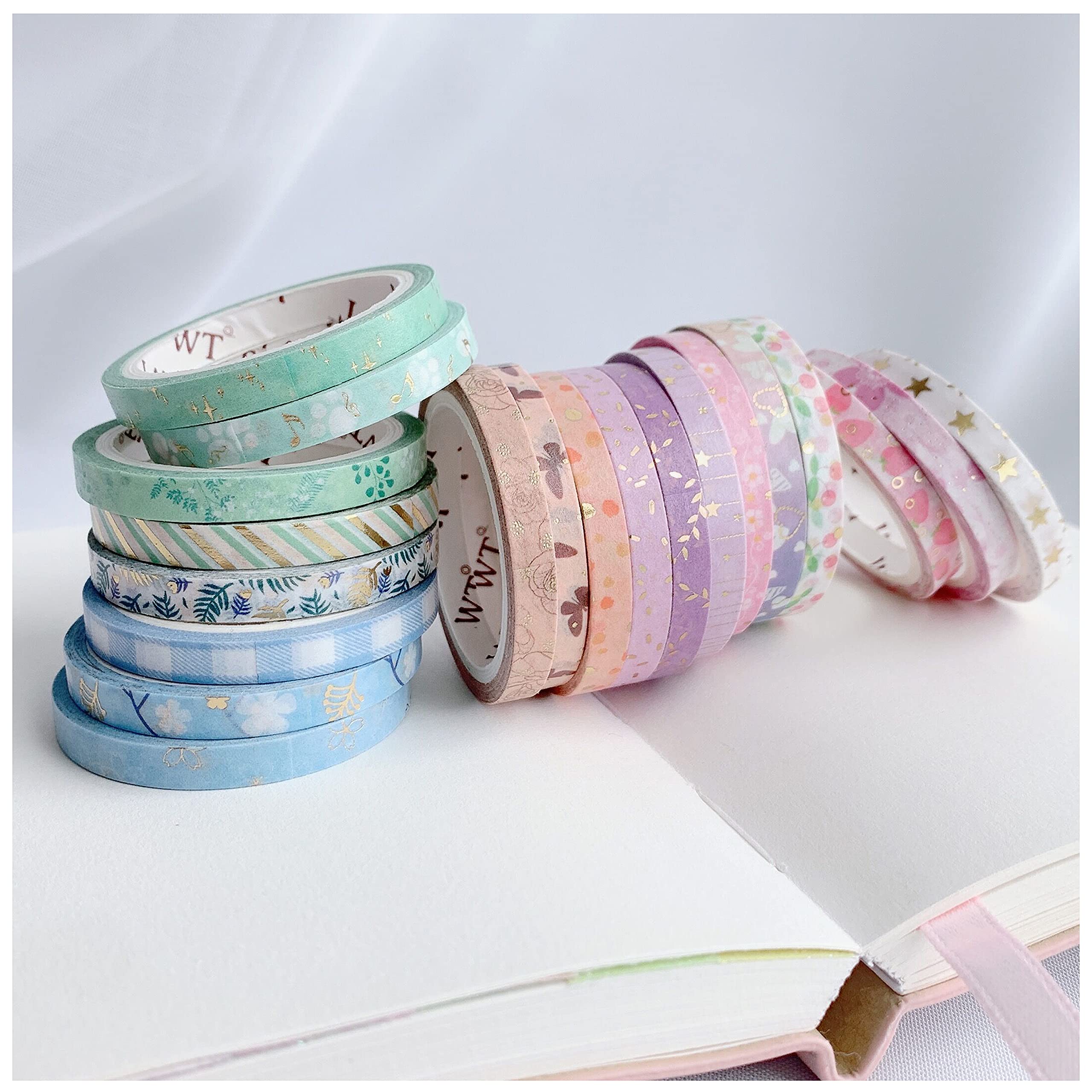 WT Summer Slim Washi Tape Set, 20 Rolls, Original Designs, Gold Foil Washi Tape, Slim Decorative Masking Tape, Bujo Planner Supplies, Skinny Craft Tape, Adhesive Wrapping Tape, DIY Paper Tape