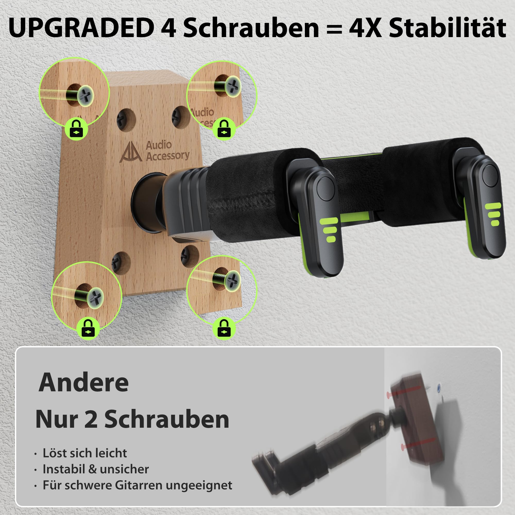 AA AUDIO ACCESSORY 2er-Pack Gitarrenhalter für die Wand mit Autoverriegelung, Nitro-freundlicher Samthaken, 4-Schrauben-Holzfuß, bis 9 kg Tragfähigkeit für Bass, Akustik-, Klassik- und E-Gitarre