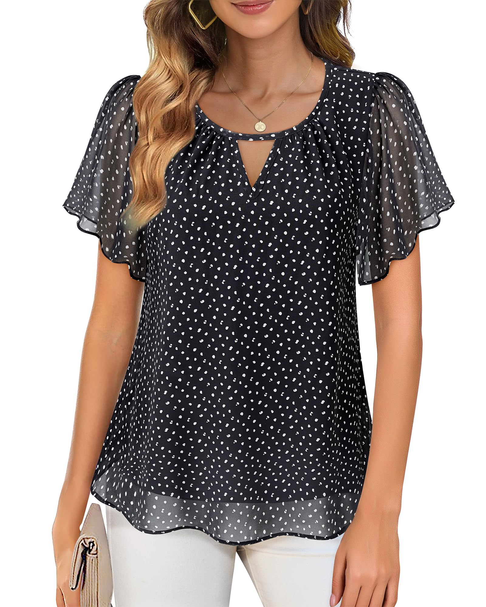 Gaharu Camicia da donna elegante a maniche corte, estiva, business, casual, scollo rotondo, maniche a volant, in chiffon, con fiori