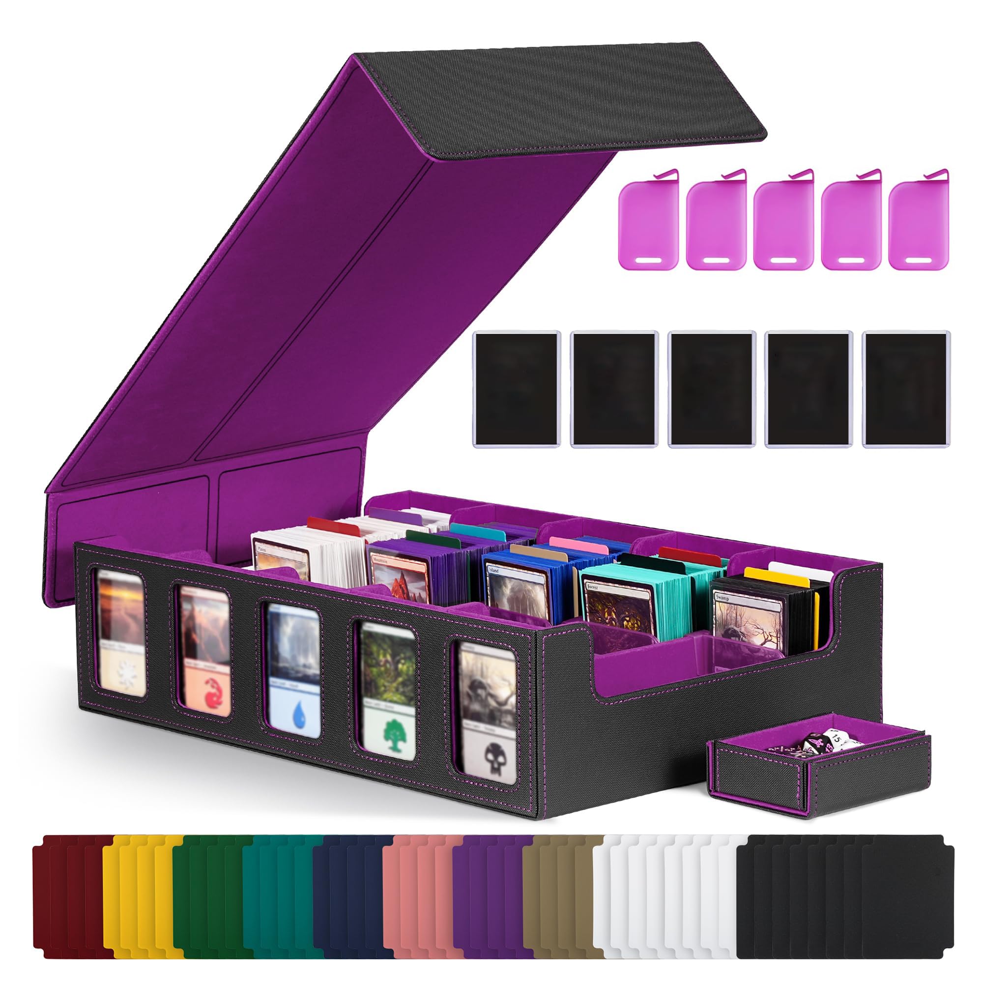Trading Card Storage Box with Commander Display, 5-Row Deck Case with Removable Lid; 3900+ Cards Deck Box for MTG TCG Sports Card, 5 Top Loaders, 5 Stoppers, 48 Dividers,1 Dice Tray (Blackish Purple) - Blackish Purple