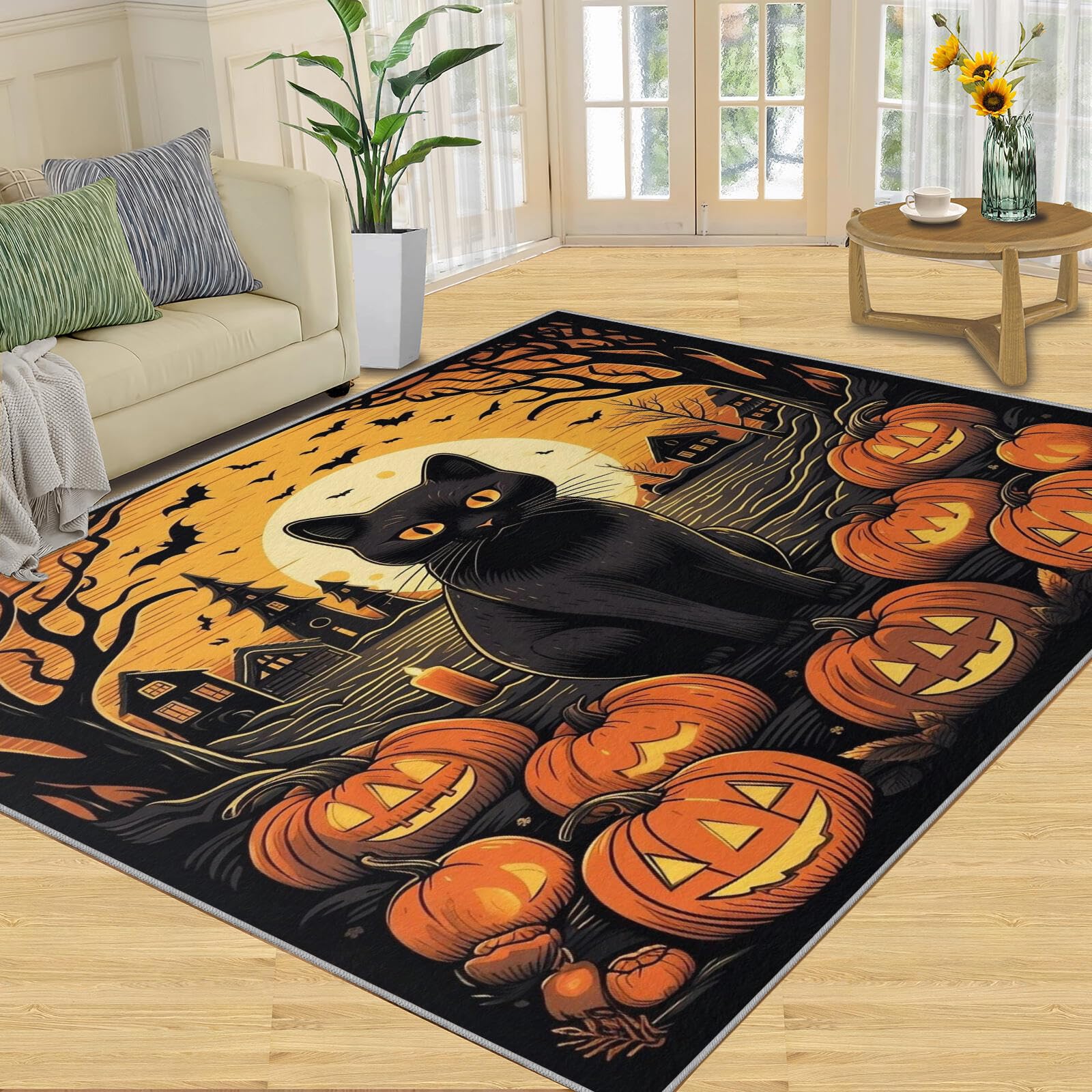 Tapis grand format 150x210cm d'Halloween aux finitions durables et lavables