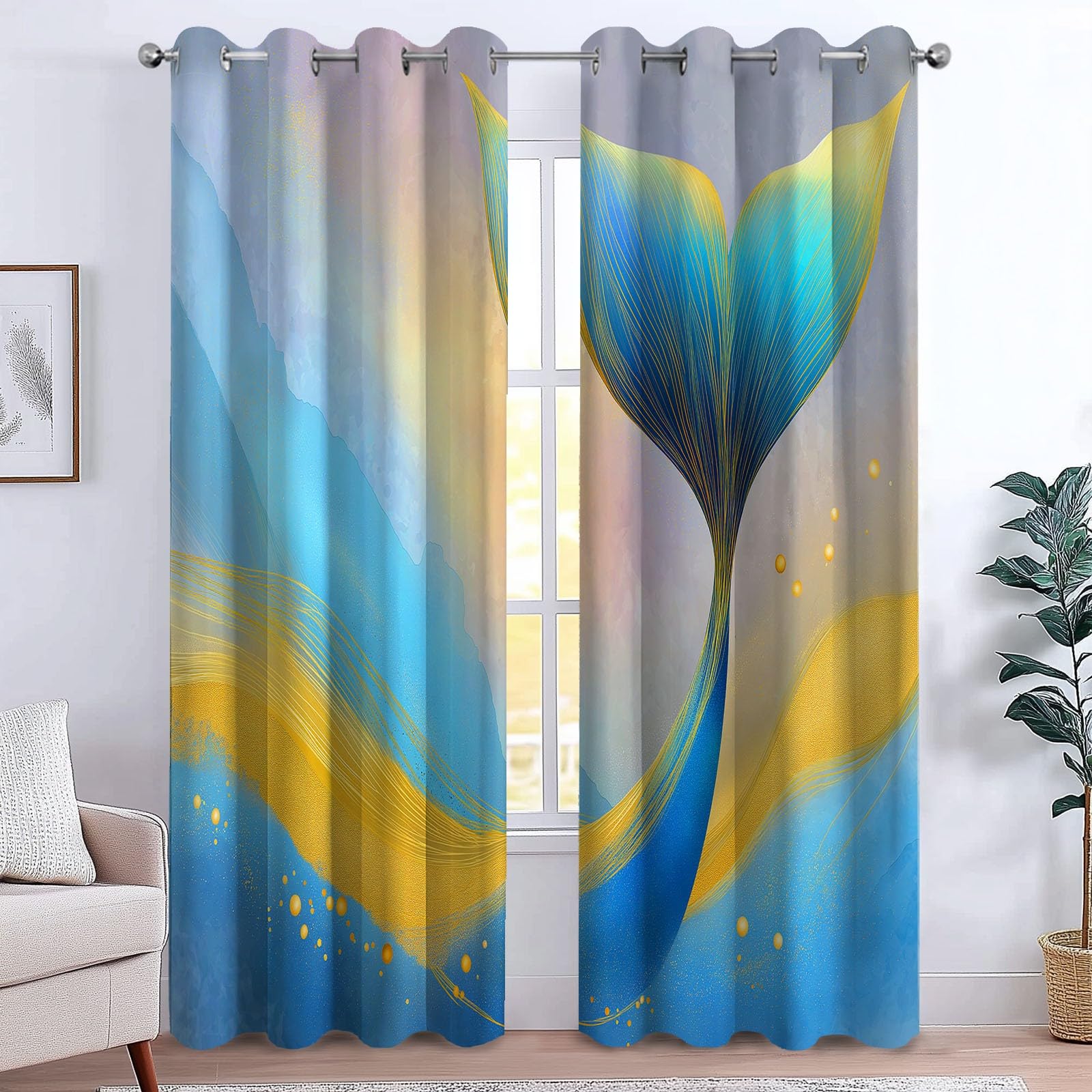 Zasłony termoizolacyjne, 140 x 250 cm, marzycielska zasłona z oczkami z ogonem syreny, pełne światło, blokada pokoju, redukcja hałasu, nadruk do jadalni, sypialni, 2 panele, niebieskie