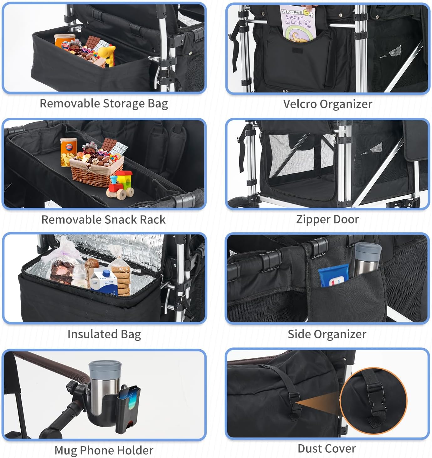 Close-up of stroller wagon storage features including removable storage bag, snack rack, insulated bag, and side organizers