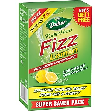 Dabur Pudin Hara Lemon Fizz - 30g (5g x 6 Sachets) | Provides Quick Relief from Gas & Acidity | Effective Cooling Effect | Double Action of Lemon & Mint