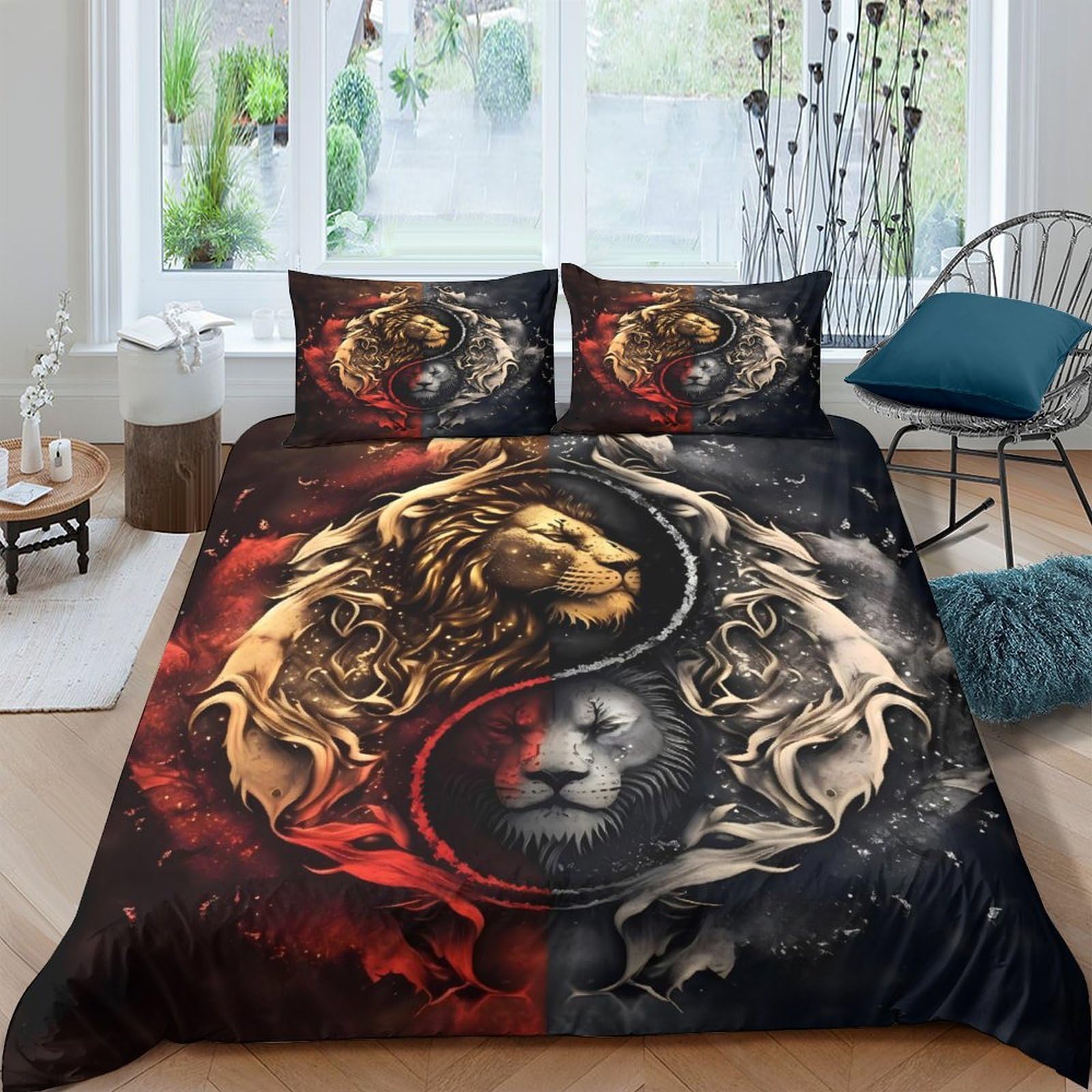 Ctjqhvkz Style-7 3D Printed Yin Yang Lion Fitted Sheet Microfiber Soft Black Red Bedroom Decor Wolf Mattress Cover Single（135X200cm）