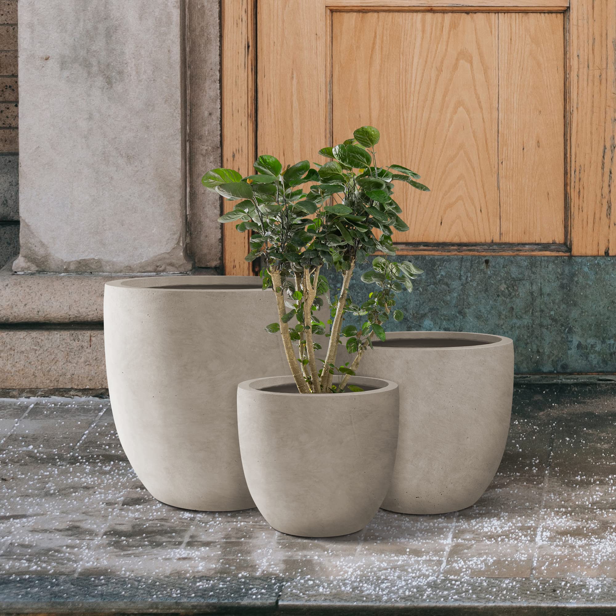 Kante 18", 14", and 10" W Weathered Concrete Round Planters (Set of 3), Outdoor Indoor Modern Planter Pots, Lightweight, Weather Resistant, Seamless with Drainage Hole