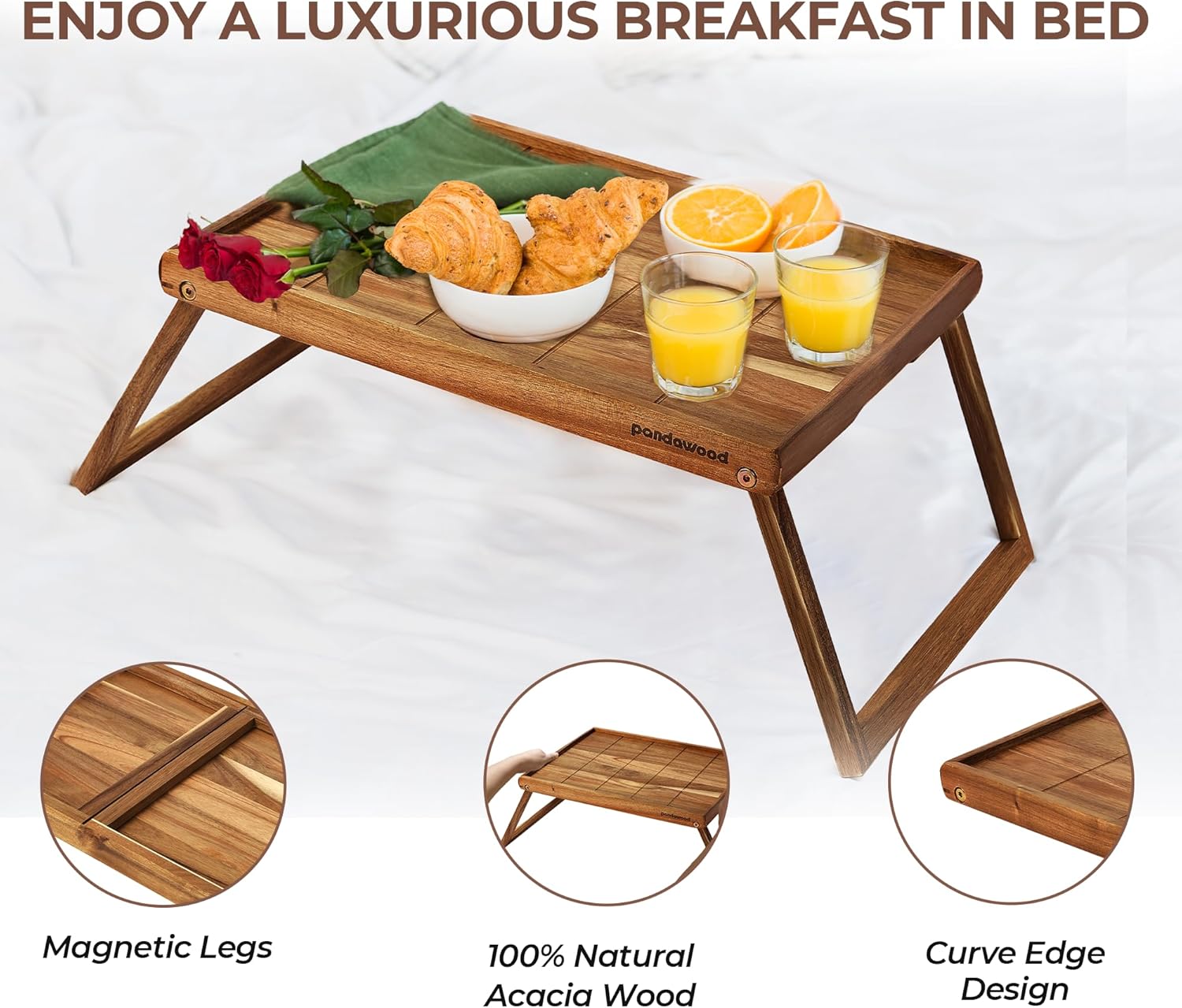 PANDAWOOD Acacia Wood Bed Tray Table - Large Folding Breakfast in Bed Tray with Legs - Laptop Lap Desk for Eating on Couch - TV Dinner Tray with Handles (Light Brown)