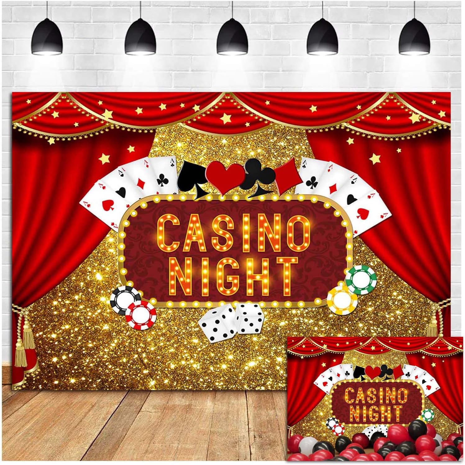 8x6ft Polyester Las Vegas Gold Glitter Bokeh Photography Backdrops Casino Night Poker Dice Red Curtains Photo Background Birthday Party Prom Banner Studio Shoot Booth Props Dessert Cake Table Decor