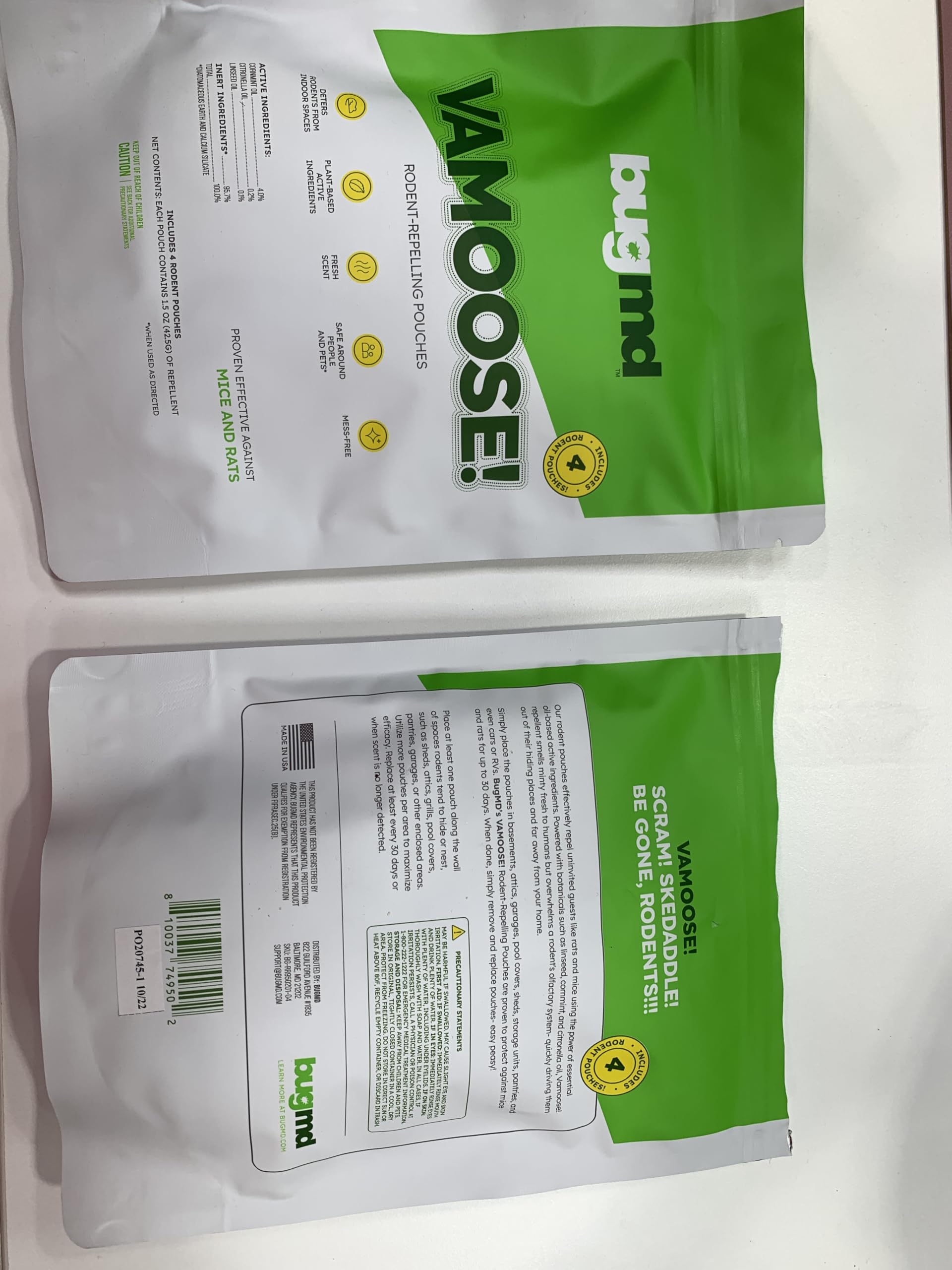 BugMD Vamoose Rodent Repellent Pouches (1 Pack, 4 Pouches) Plant-Powered Rat Repellent, Mouse Deterrent, Indoor & Outdoor Mice Repellent, Best Mouse Repellent, Natural Rat & Mouse Repellent